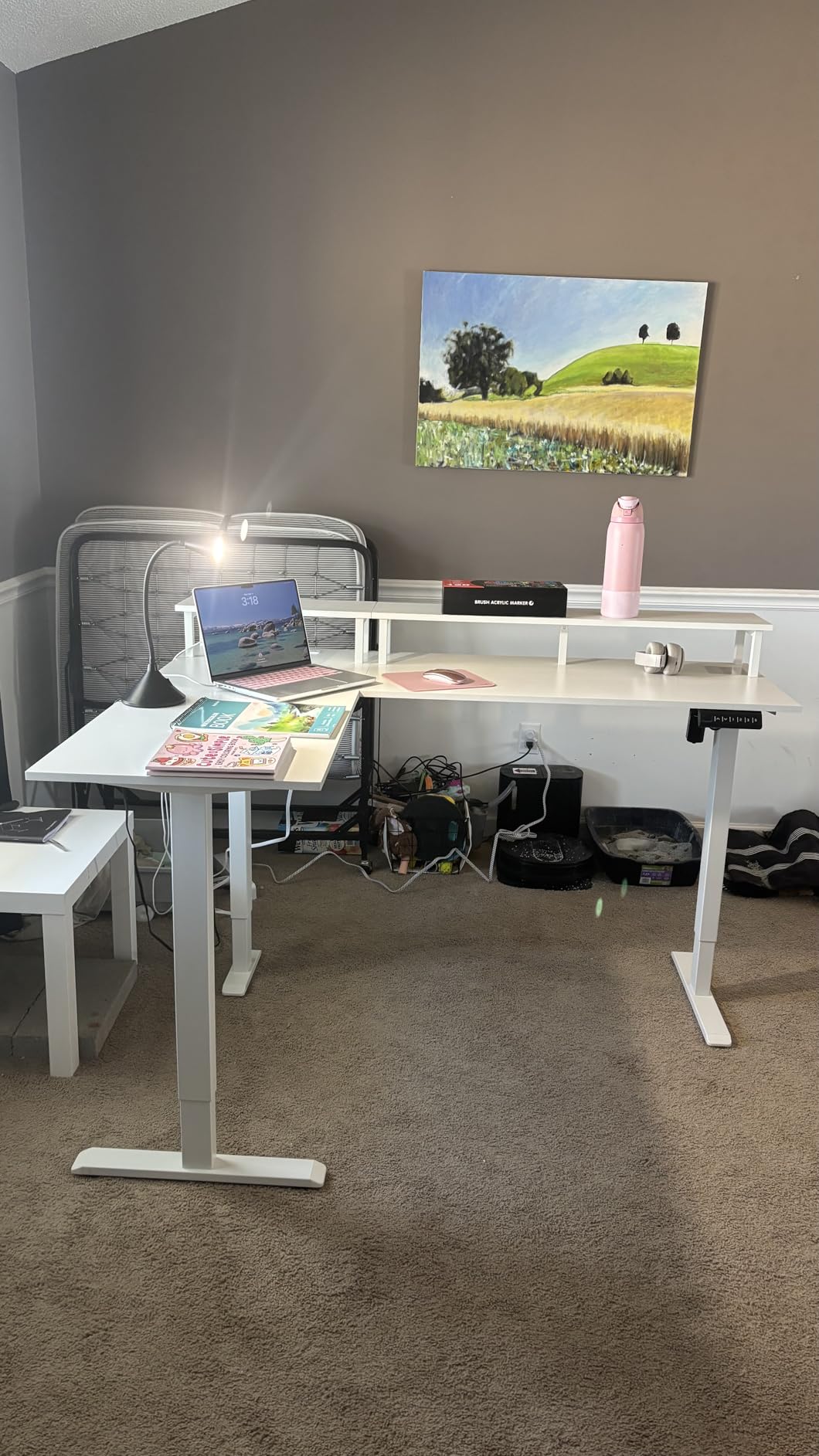 AODK Electric L-Shaped Standing Desk, 59 Inch Height Adjustable Office Desk with Monitor Stand, Sit-Stand Desk with Power Outlets, Large Lift Table for Home, Office, Workstation, White customer photo 1