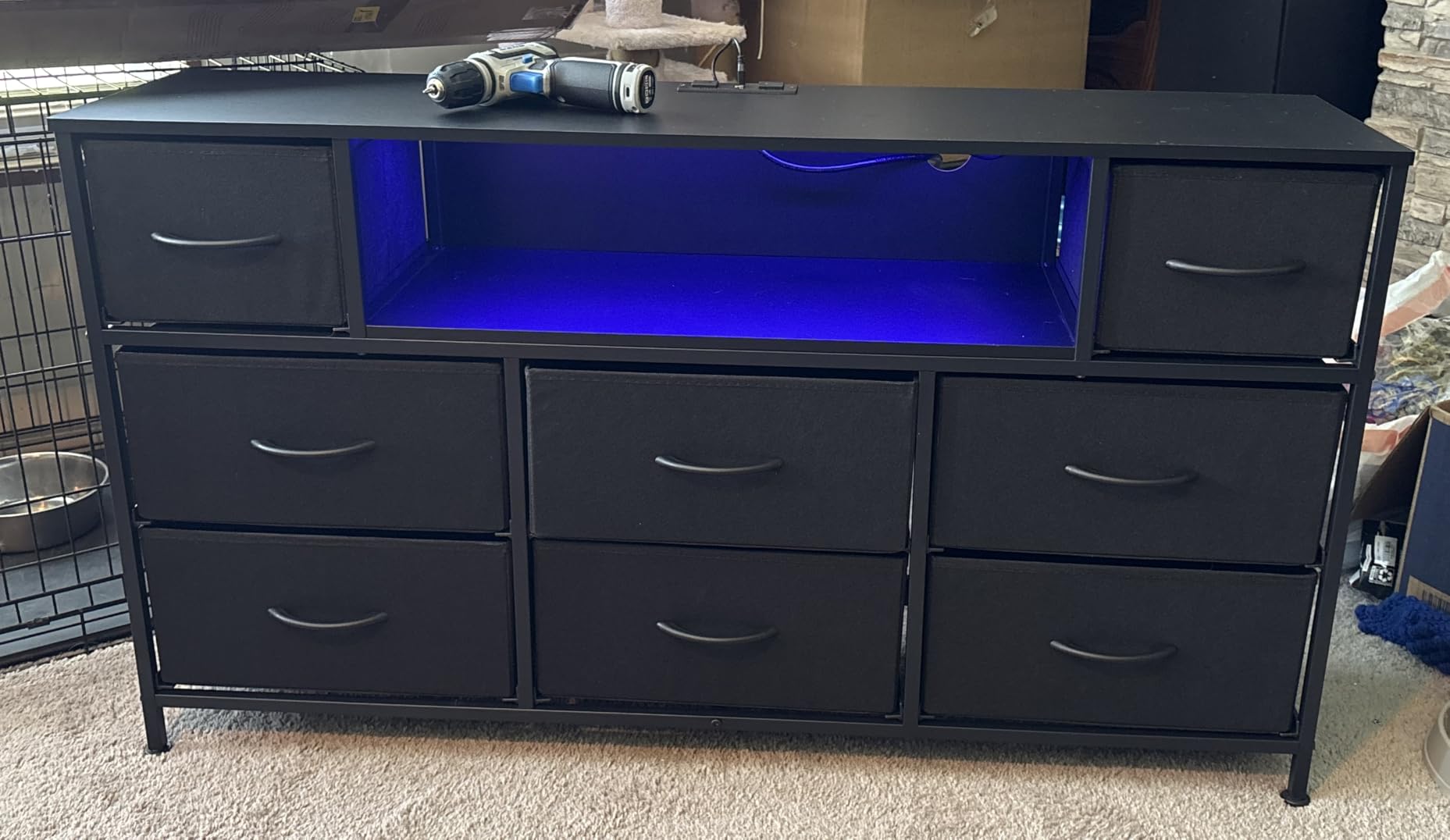 WLIVE Black Dresser TV Stand for 45, 50, 55 inch TV, Entertainment Center with LED Lights & Charging Station, Chest of Drawers with 8 Fabric Drawers and Open Shelves for Living Room, Hallway, Wood Top customer photo 1