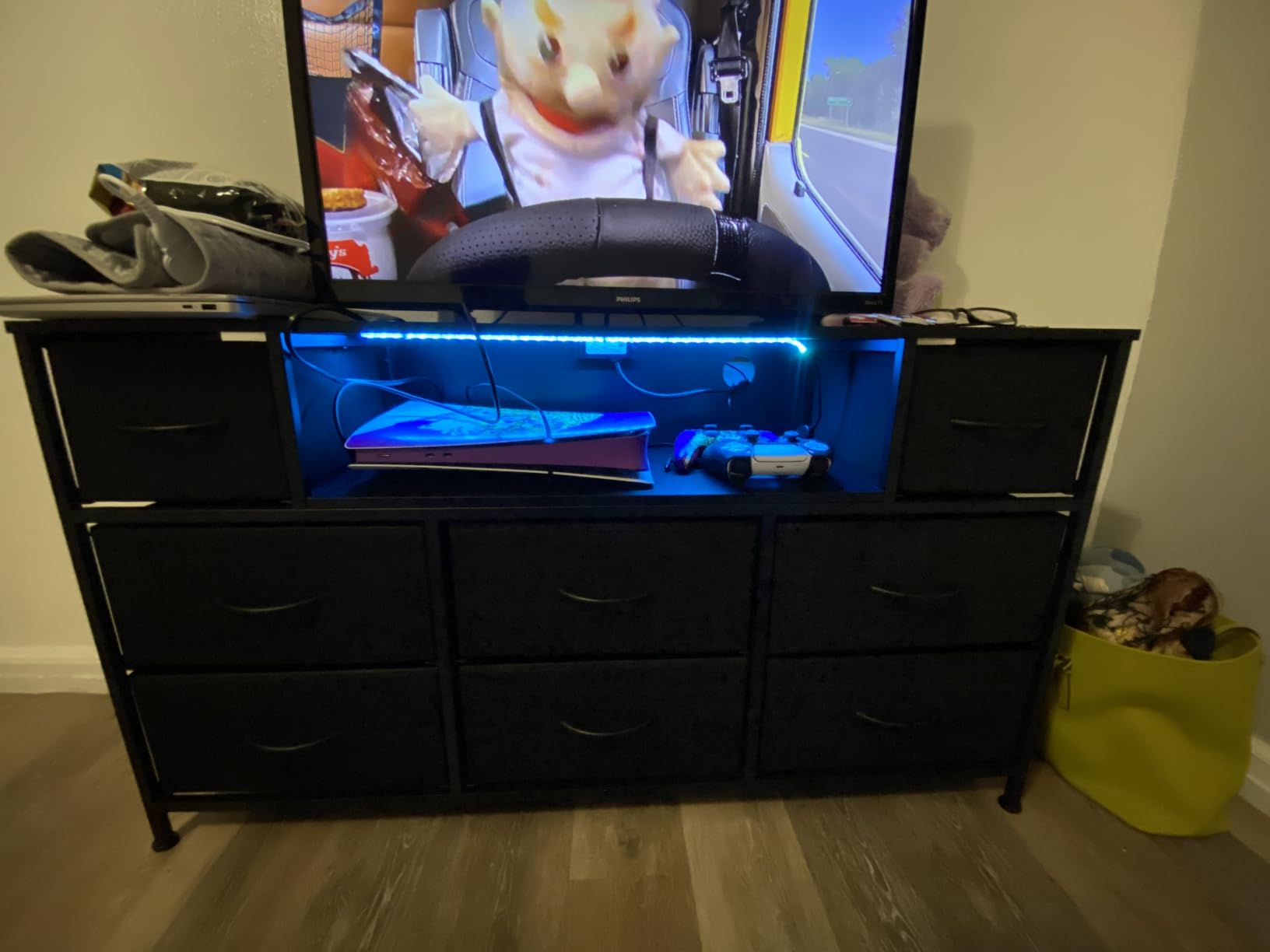 WLIVE Black Dresser TV Stand for 45, 50, 55 inch TV, Entertainment Center with LED Lights & Charging Station, Chest of Drawers with 8 Fabric Drawers and Open Shelves for Living Room, Hallway, Wood Top customer photo 2