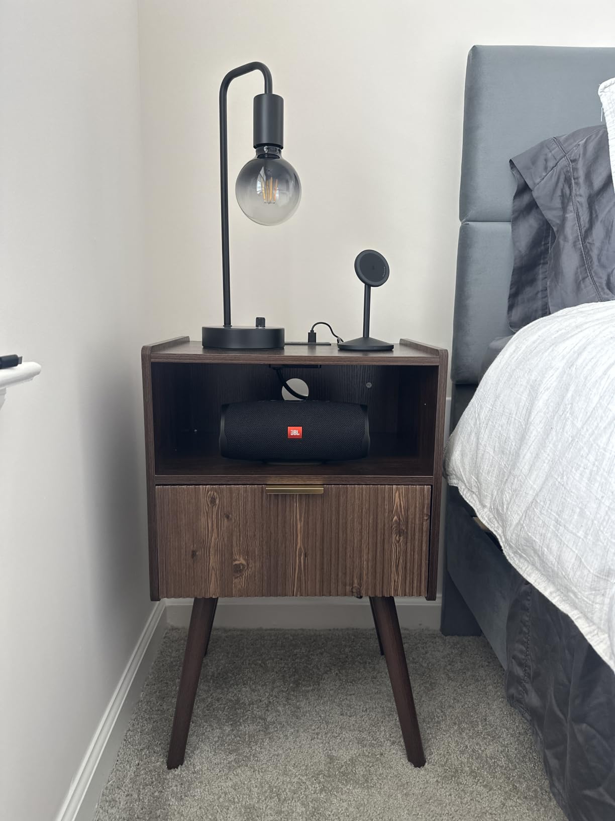 JOONEE Nightstand,Modern Bedside Table with Storage Drawer and Open Wood Shelf, for Living Room, Bedroom and Small Spaces, Accent Night Stand with Solid Wood Legs, Easy Assembly,Walnut Brown customer photo 1