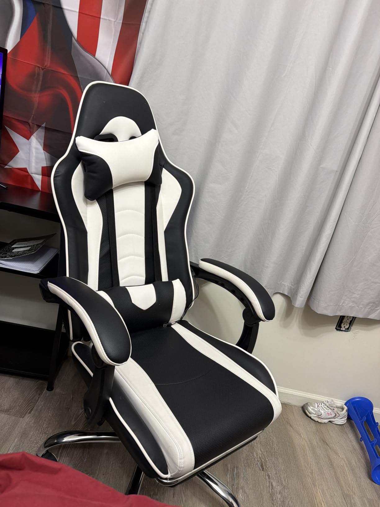 Yaheetech Gaming Chair with Footrest Massage Lumbar Pillow Black and Red | Foam-padded PU leather racing seat and plush headrest recline with a slide-out footrest; metal frame supports up to 300 lb. customer photo 1