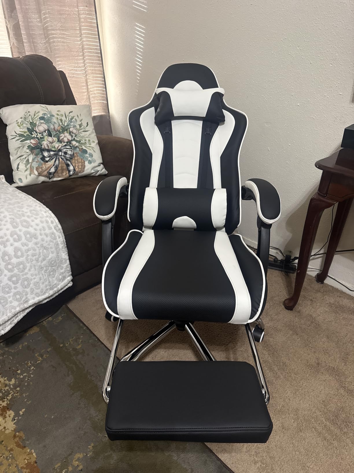 Yaheetech Gaming Chair with Footrest Massage Lumbar Pillow Black and Red | Foam-padded PU leather racing seat and plush headrest recline with a slide-out footrest; metal frame supports up to 300 lb. customer photo 2