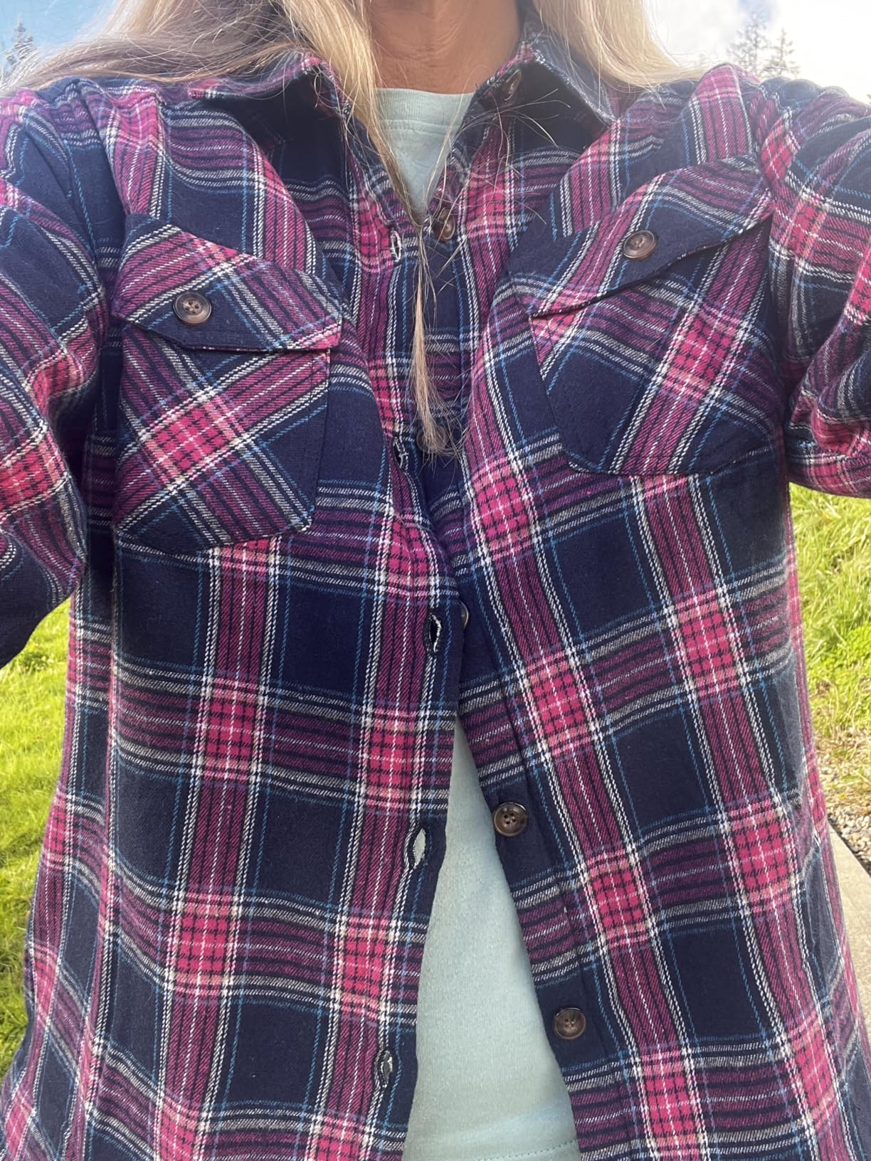 Lisskolo Women's Sherpa Flannel Jacket with Hand Pockets,Warm Fleece Lined Button Up Plaid Flannel Shirt Jackets customer photo 2
