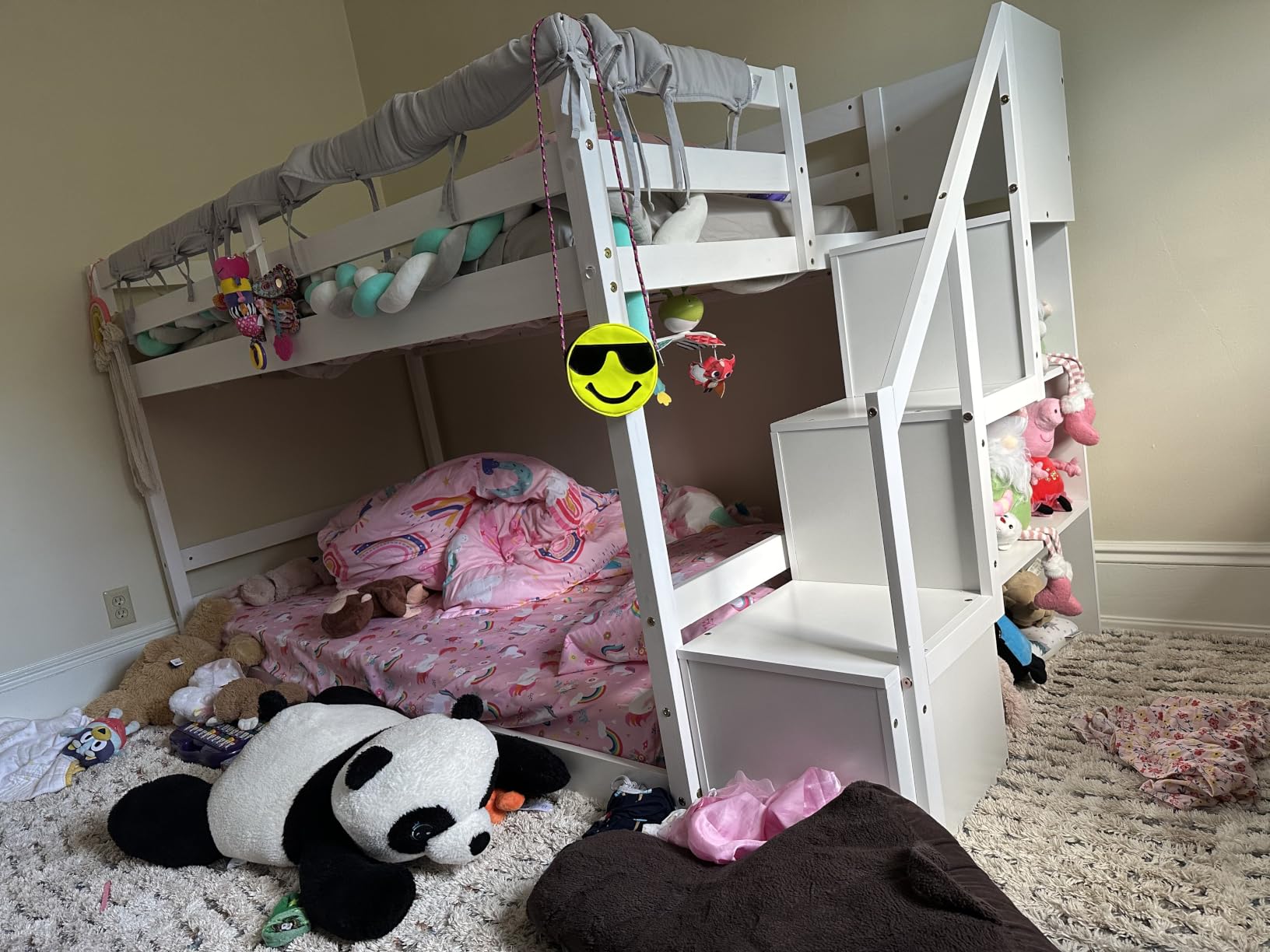 Giantex Twin Over Twin Bunk Bed with Stairs, Solid Wood Floor Bunk Bed with Storage Staircase & Full-Length Guardrails, Low Bunk Bed for Kids, Teens, Adults, Dorm, Small Space, White customer photo 1