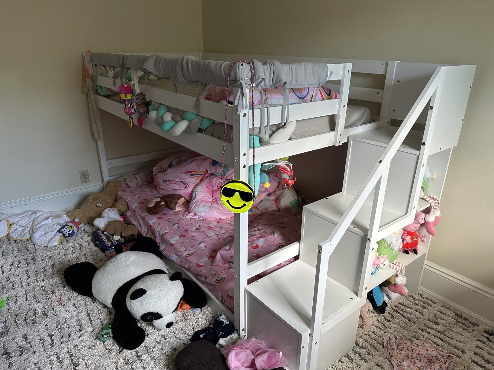 Giantex Twin Over Twin Bunk Bed with Stairs, Solid Wood Floor Bunk Bed with Storage Staircase & Full-Length Guardrails, Low Bunk Bed for Kids, Teens, Adults, Dorm, Small Space, White customer photo 2