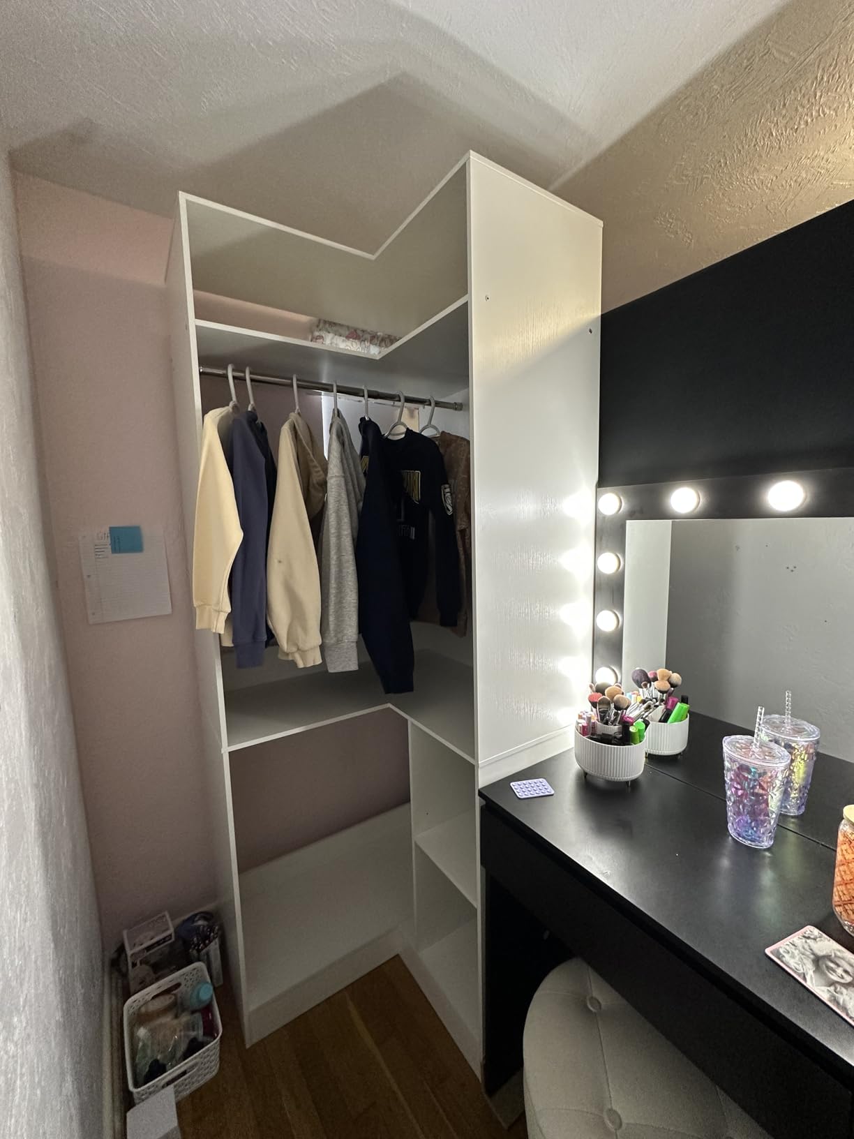 Aheaplus Corner Closet System With Shelves, 34'' Organizer With Hanging Rods, Wood Walk-in for Small Space, Freestanding Tower, L Shaped Garment Rack, White customer photo 1