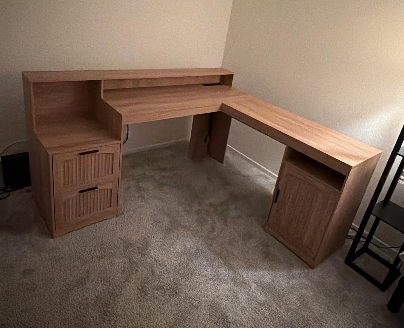 63 Inch Farmhouse L Shaped Desk with Drawers and Printer Shelf for Home Office | Corner Computer Desk with Storage, Power Outlets, L Shaped Office Desk with Monitor Stand, Printer Shelf, Antique White customer photo 1