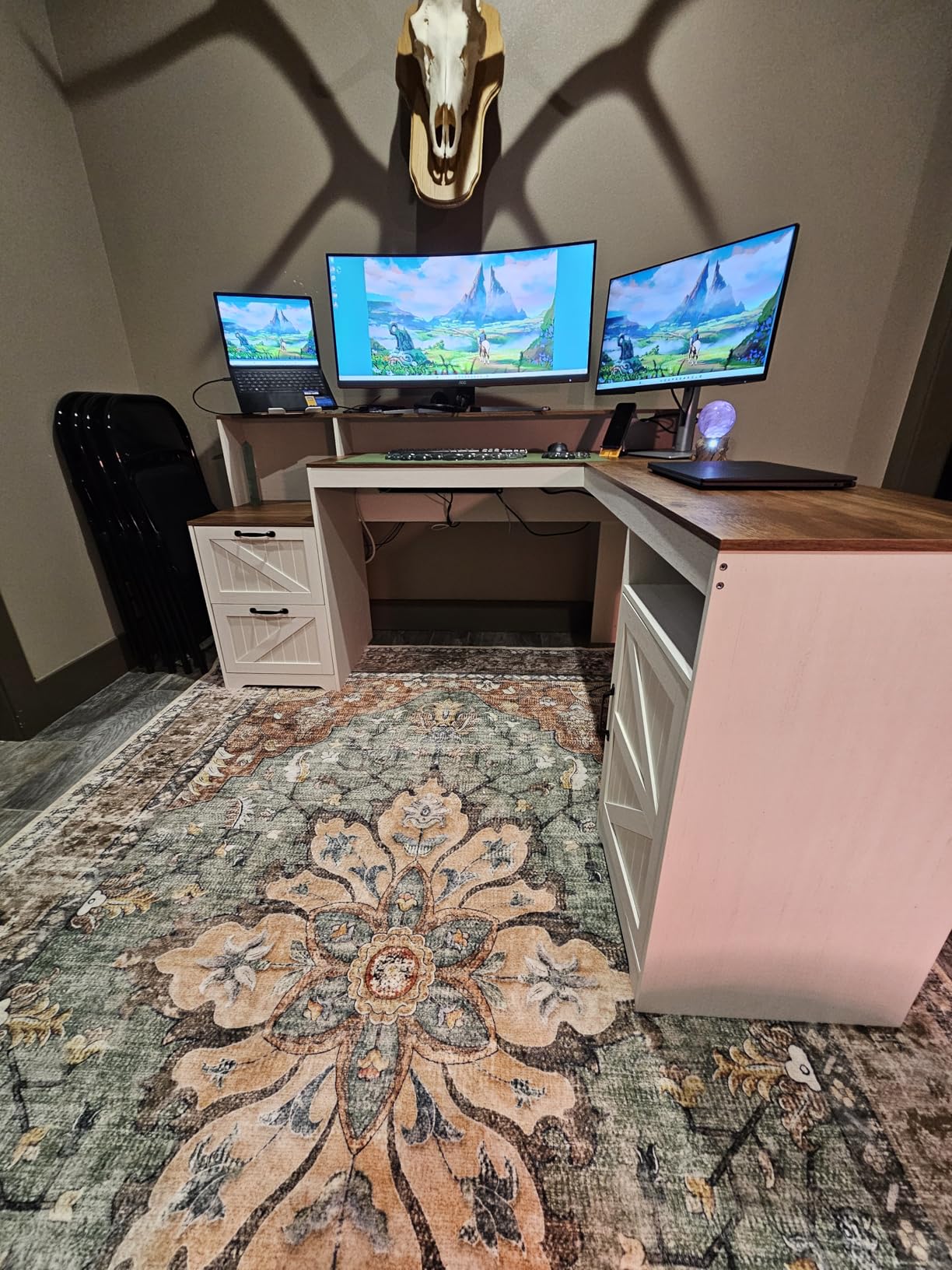 63 Inch Farmhouse L Shaped Desk with Drawers and Printer Shelf for Home Office | Corner Computer Desk with Storage, Power Outlets, L Shaped Office Desk with Monitor Stand, Printer Shelf, Antique White customer photo 2