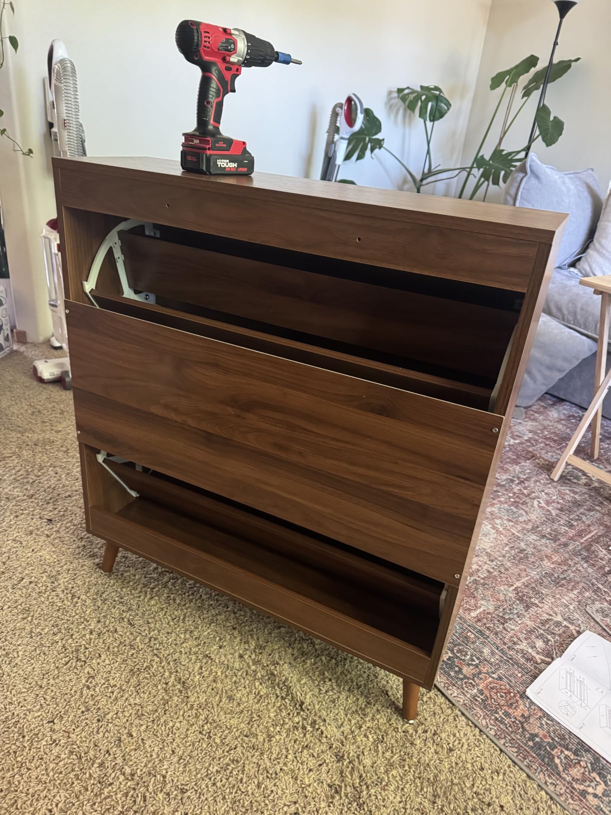 Fsbecl Shoe Storage Cabinet for Entryway with 2 Flip Drawers, Narrow Wood Shoe Cabinet with Fluted Panel, Freestanding Hidden Shoe Organizer for Foyer, Hallway (Walnut) customer photo 1