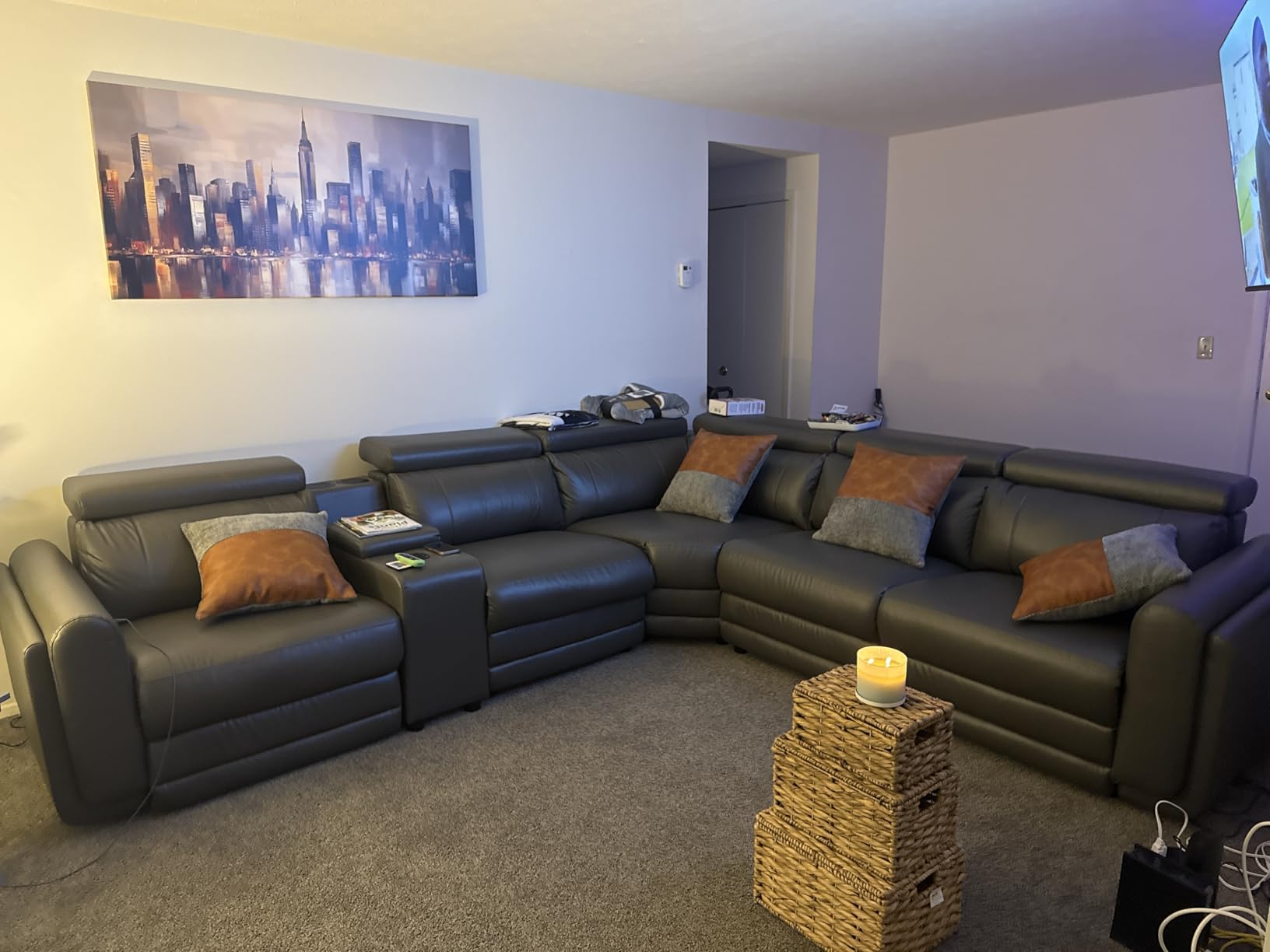 Oversized Power Recliner Sectional Sofa, Leather Recliner Sofa, Light Grey | 3 Bluetooth Speakers & Hidden Storage, Modern L Shaped Reclining Couch with 6 Charging Ports customer photo 1