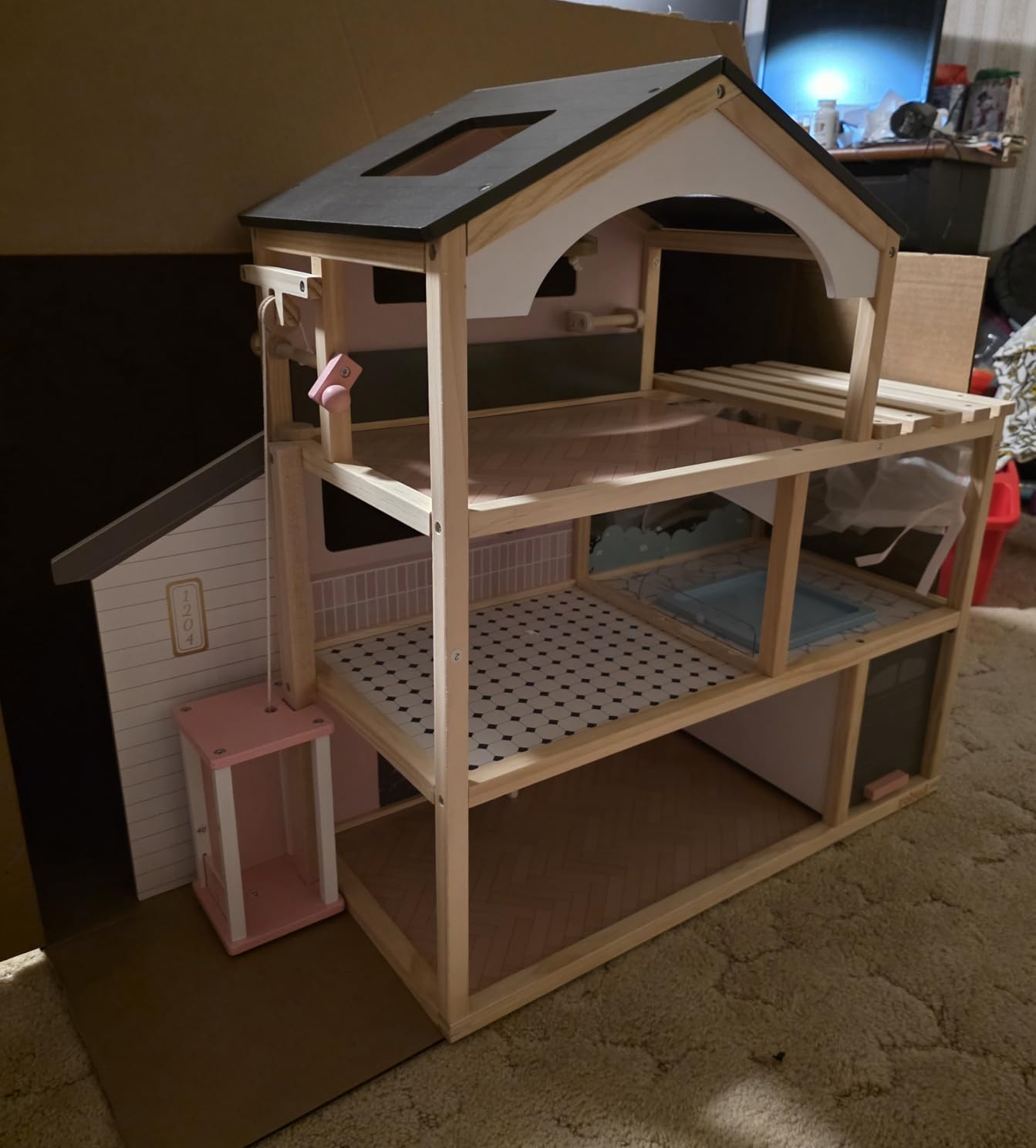 ROBUD Doll House, Wooden Dollhouse with 6 Rooms, 29-pcs Furniture Set, Working Elevator, Garage, Swimming Pool, Ideal Gift for Kids Ages 3+ (Pink) customer photo 1