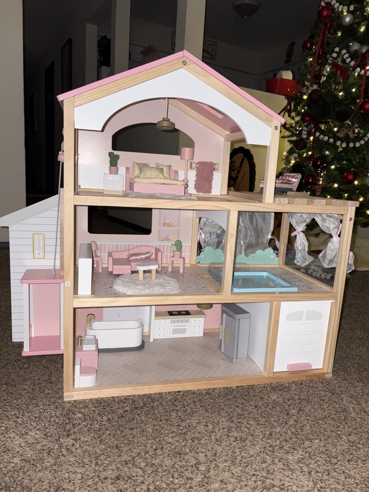 ROBUD Doll House, Wooden Dollhouse with 6 Rooms, 29-pcs Furniture Set, Working Elevator, Garage, Swimming Pool, Ideal Gift for Kids Ages 3+ (Pink) customer photo 2