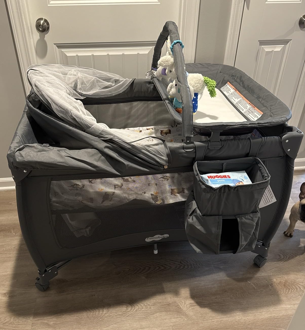 Pamo Babe 7 in 1 Pack and Play with Bassinet, Portable Crib with Mattress, Diaper Changer, Magic Fold One-Step Quick Setup Playard, Mosquito Net, Zipper Door, Toy Arch for Newborn to Toddler customer photo 2