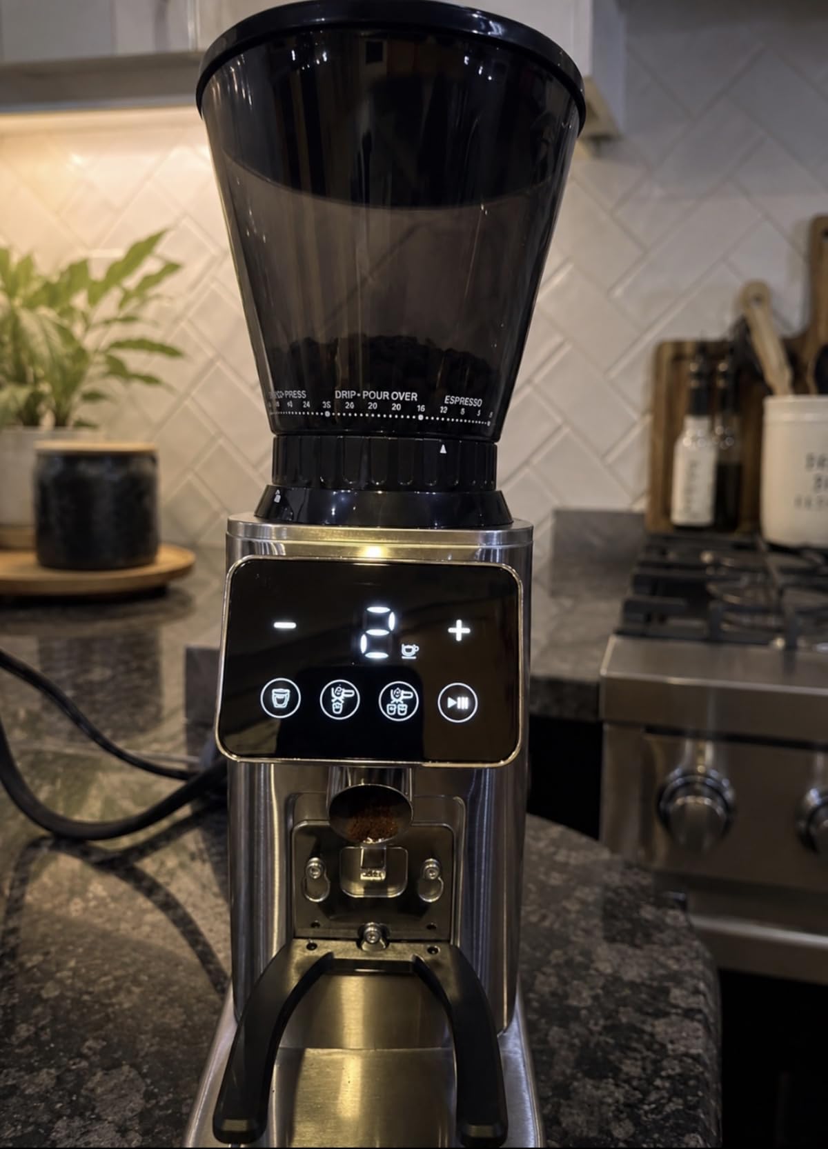 AMZCHEF Conical Burr Coffee Grinder, Anti-Static Burr Mill with Precision Timer & LED Touchscreen, 48 Grind Settings, for Espresso, Drip, Pour Over, Cold Brew & French Press, Metallic Silver customer photo 1