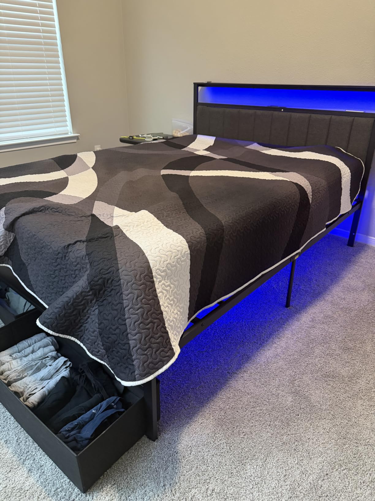 Furnulem Queen Bed Frame with Charging Station and LED Lights, Grey Upholstered Headboard with Shelves, Metal Platform Bed with 2 Under-Bed Storage (Fabric Drawer on Wheels), No Box Spring Needed customer photo 1