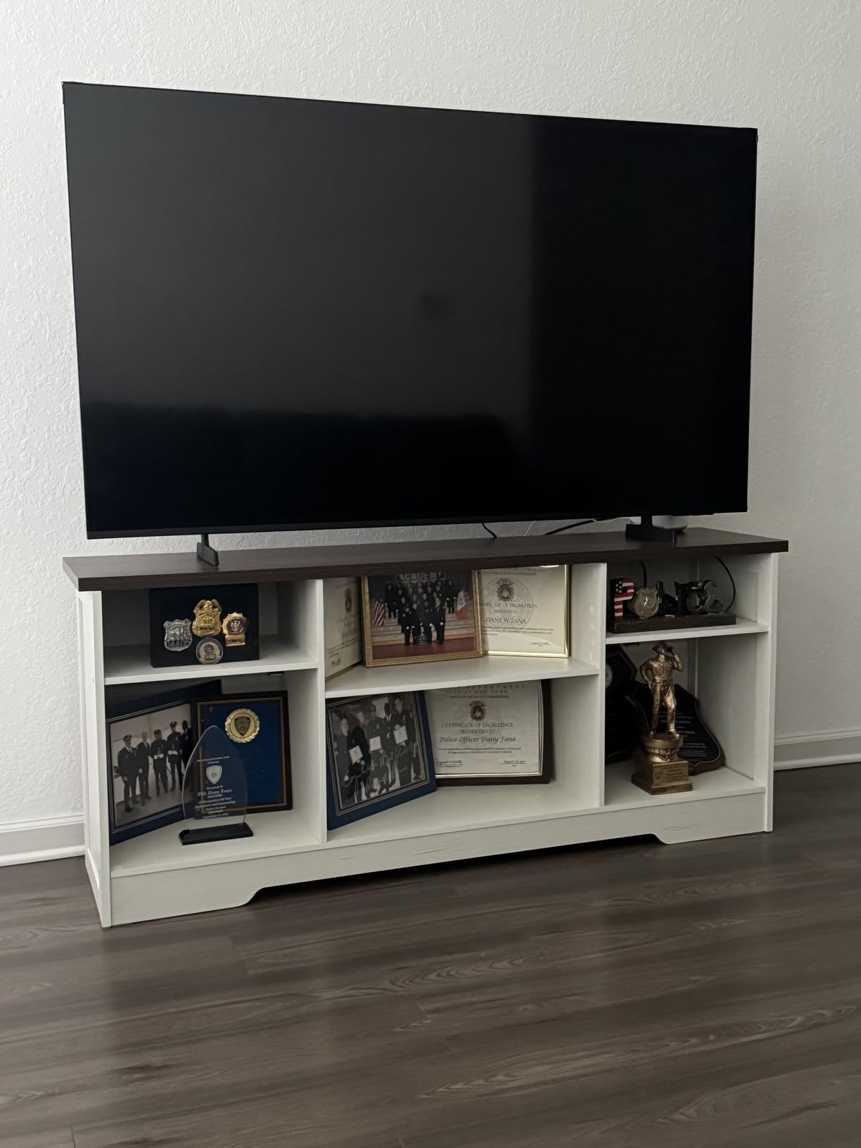 Casaottima TV Stand for 65 Inch TV, Farmhouse Entertainment Center with Power Outlet & LED Light and Storage Cabinets, Console Table and Media Furniture for Living Room Bedroom, White customer photo 1