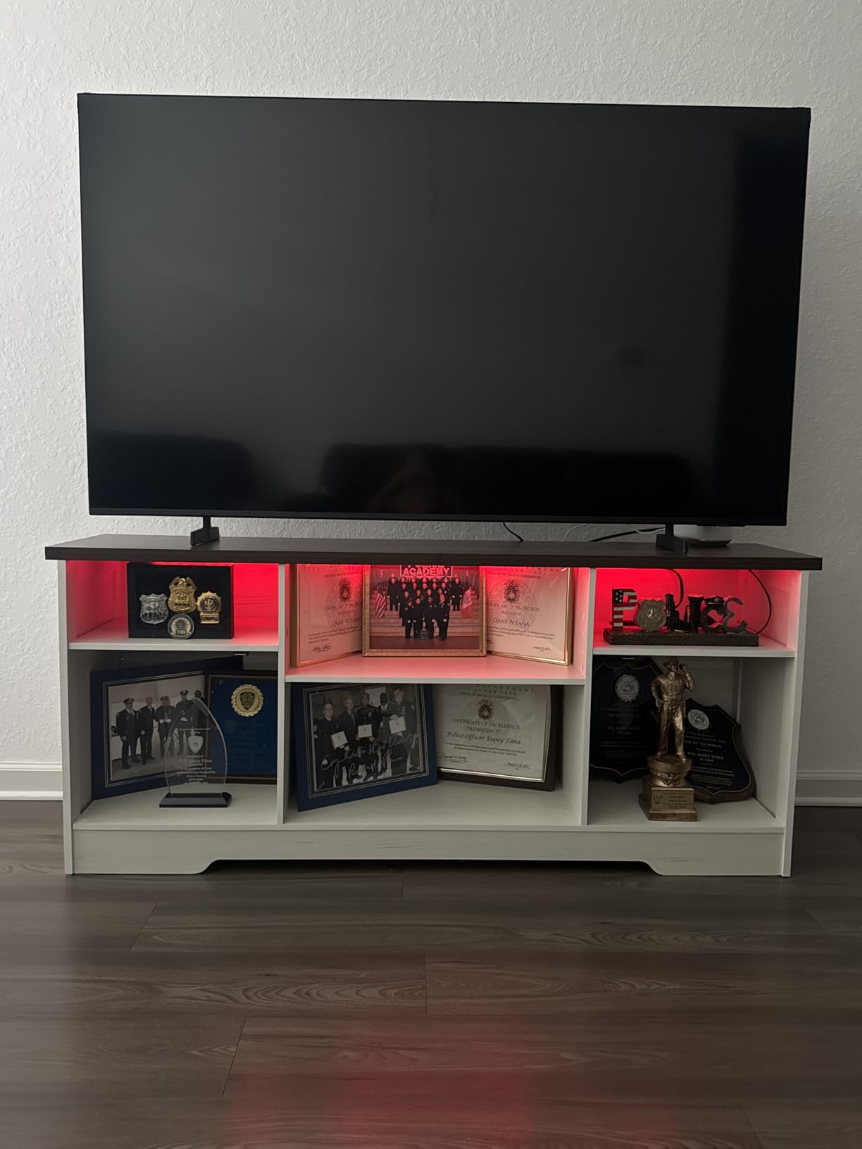 Casaottima TV Stand for 65 Inch TV, Farmhouse Entertainment Center with Power Outlet & LED Light and Storage Cabinets, Console Table and Media Furniture for Living Room Bedroom, White customer photo 2