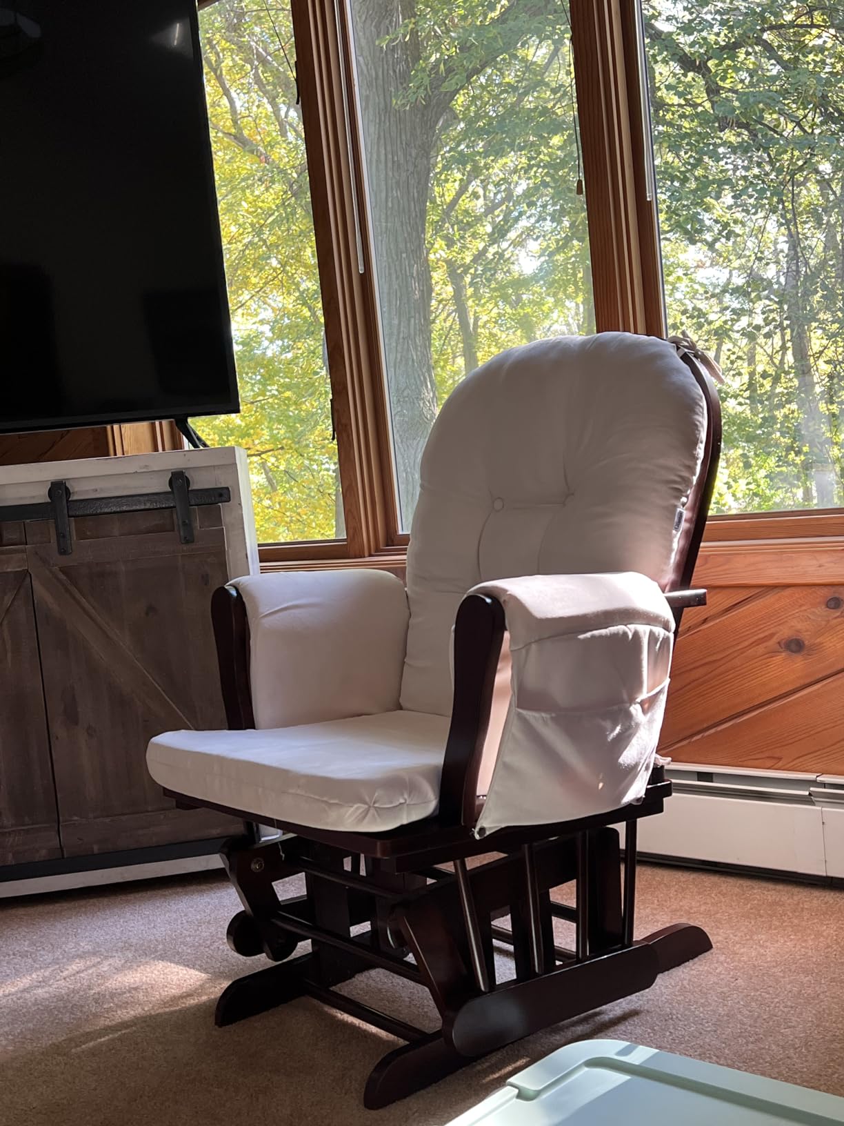 Costzon Nursery Glider with Ottoman, Upholstered Comfort Glider Rocker with Padded Cushion, Storage Pocket, Solid Wood Base, Rocking Chair Nursery for Breastfeeding, Napping (Natural) customer photo 1