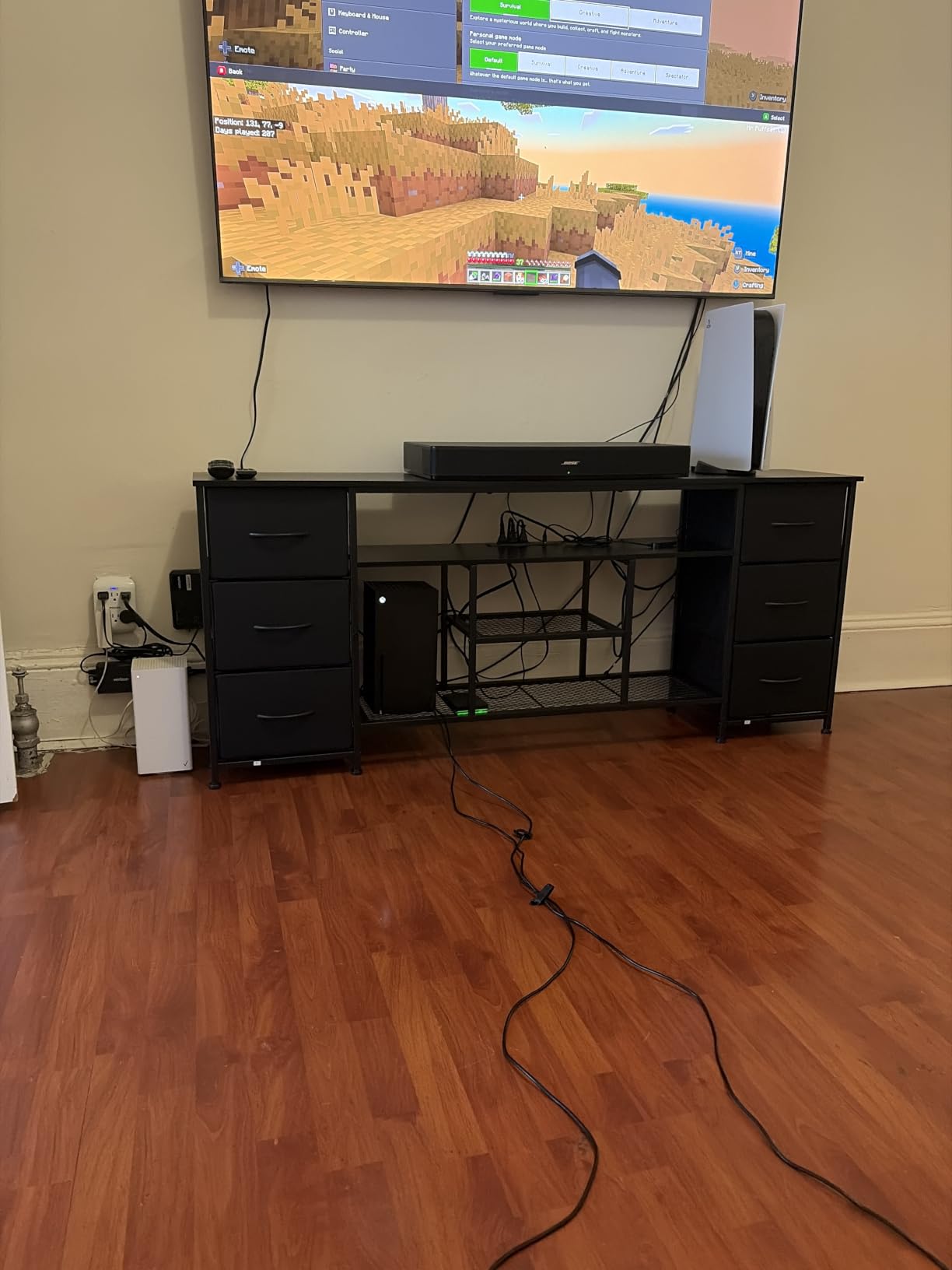 Furologee LED TV Stand for 65, 70 Inch TV, 63 Inch Entertainment Center with Power Outlets, 6 Fabric Drawers Dresser for Bedroom, Media Console with Open Shelves, PU Leather Surface, Black customer photo 1
