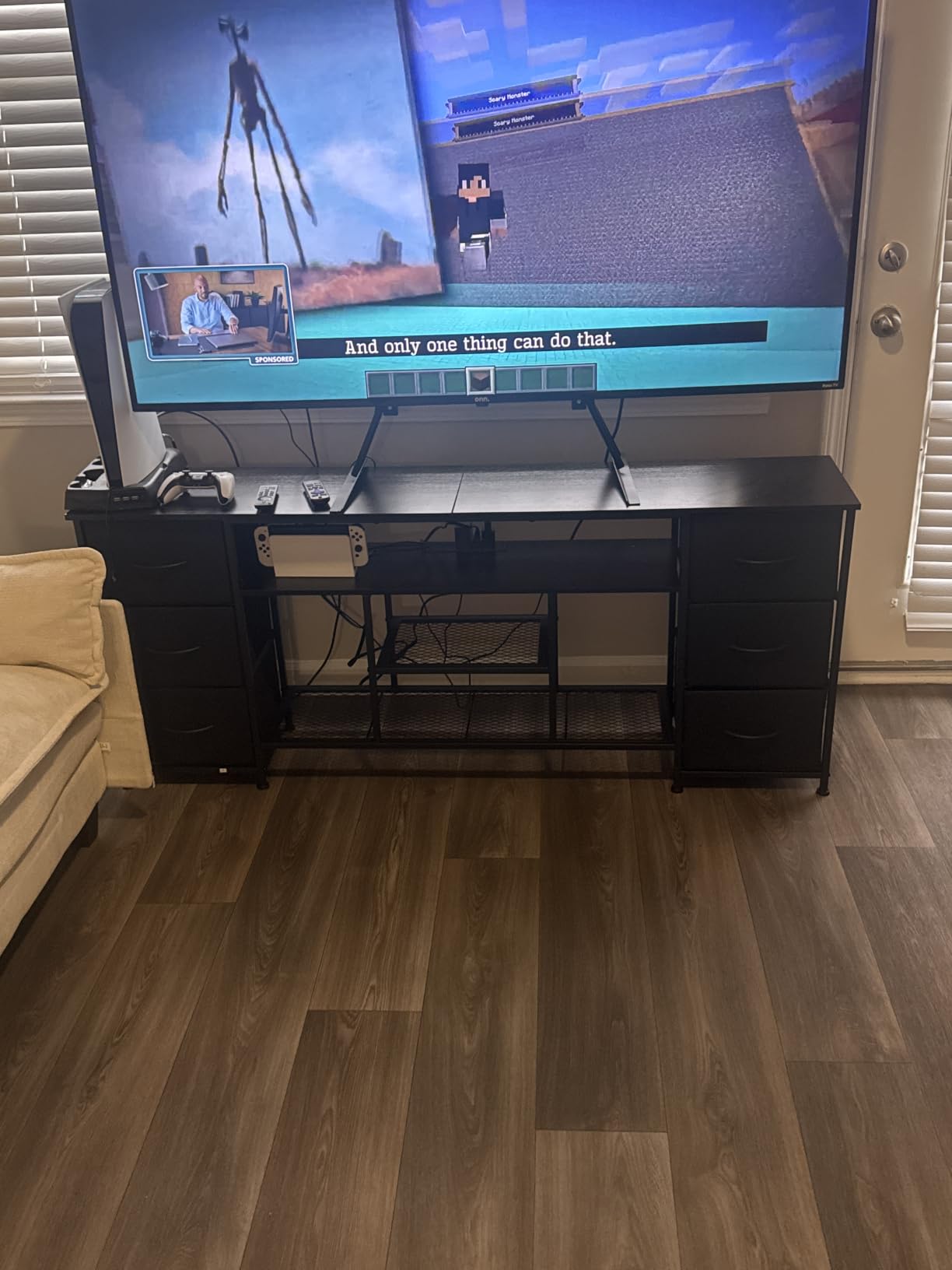 Furologee LED TV Stand for 65, 70 Inch TV, 63 Inch Entertainment Center with Power Outlets, 6 Fabric Drawers Dresser for Bedroom, Media Console with Open Shelves, PU Leather Surface, Black customer photo 2