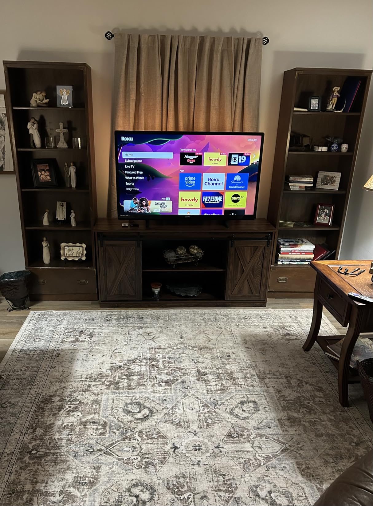 Sweetcrispy Farmhouse TV Stand 65 Inch for Living Room Bedroom Brown, Tall Entertainment Center with Storage Shelves, Media Console Cabinet with Wood Board, 300 LBS Capacity and Sliding Barn Door customer photo 2