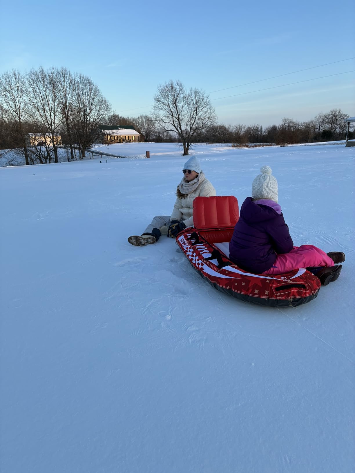 QPAU 2-Person Inflatable Snow Sled with Premium Canvas Cover, Heavy Duty Sled with Backrest & Reinforced Handles, Snow Tubes for Kids & Adults, Winter Inflatable Toys (Red) customer photo 2