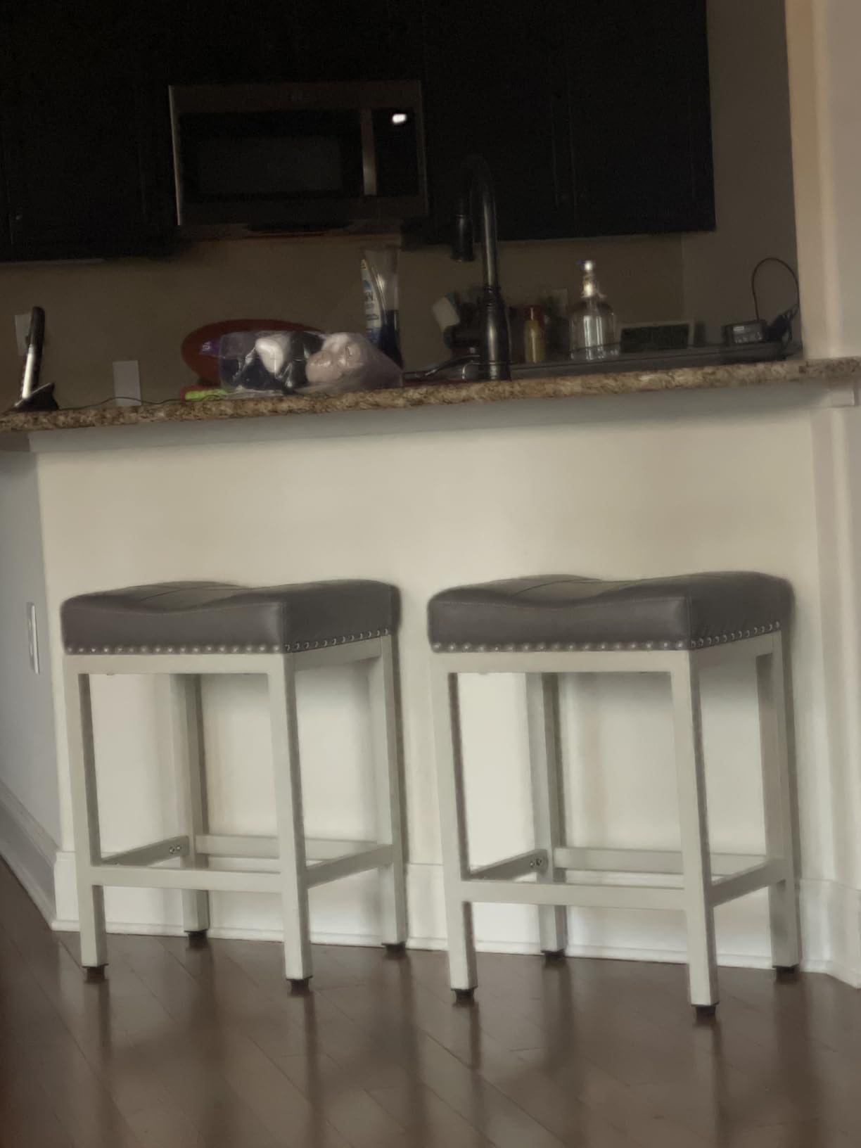 Sweetcrispy 24 Inch Bar Stools Set of 2, Counter Height Barstools for Kitchen Island, PU Leather Upholstered Modern Saddle Barstools with Metal Base and Footrest for Home Bar, Small Apartment, Grey customer photo 1