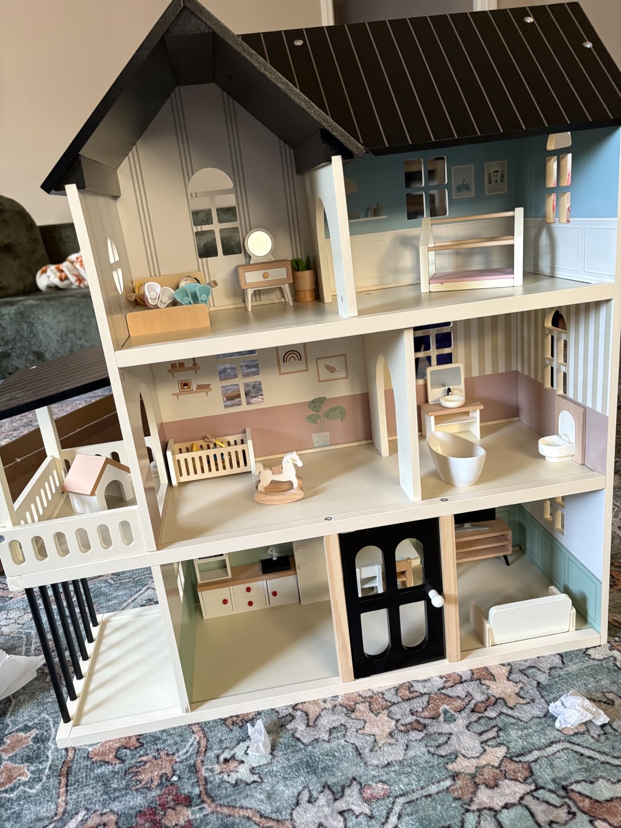 Wooden Dollhouse for Kids, 6-Room Modern Style Toy Doll House Playset with 26 Furniture & Functional Doors, 1:12 Scale Open Plan Dollhouse Designed for 4-6 Inch Dolls, STEM Creative Gift for Ages 3+ customer photo 2