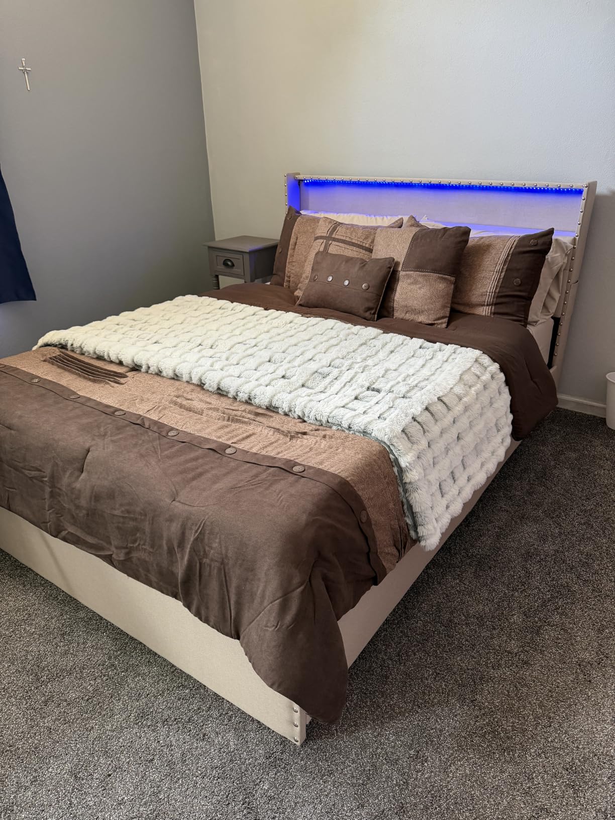 Forestell Queen Bed Frame with 4 Drawers & Storage Headboard, Beige, Upholstered beige design, 2-tier shelf & side pockets, no box spring, noise-free, easy assembly, RGB app/remote, USB+Type-C customer photo 1