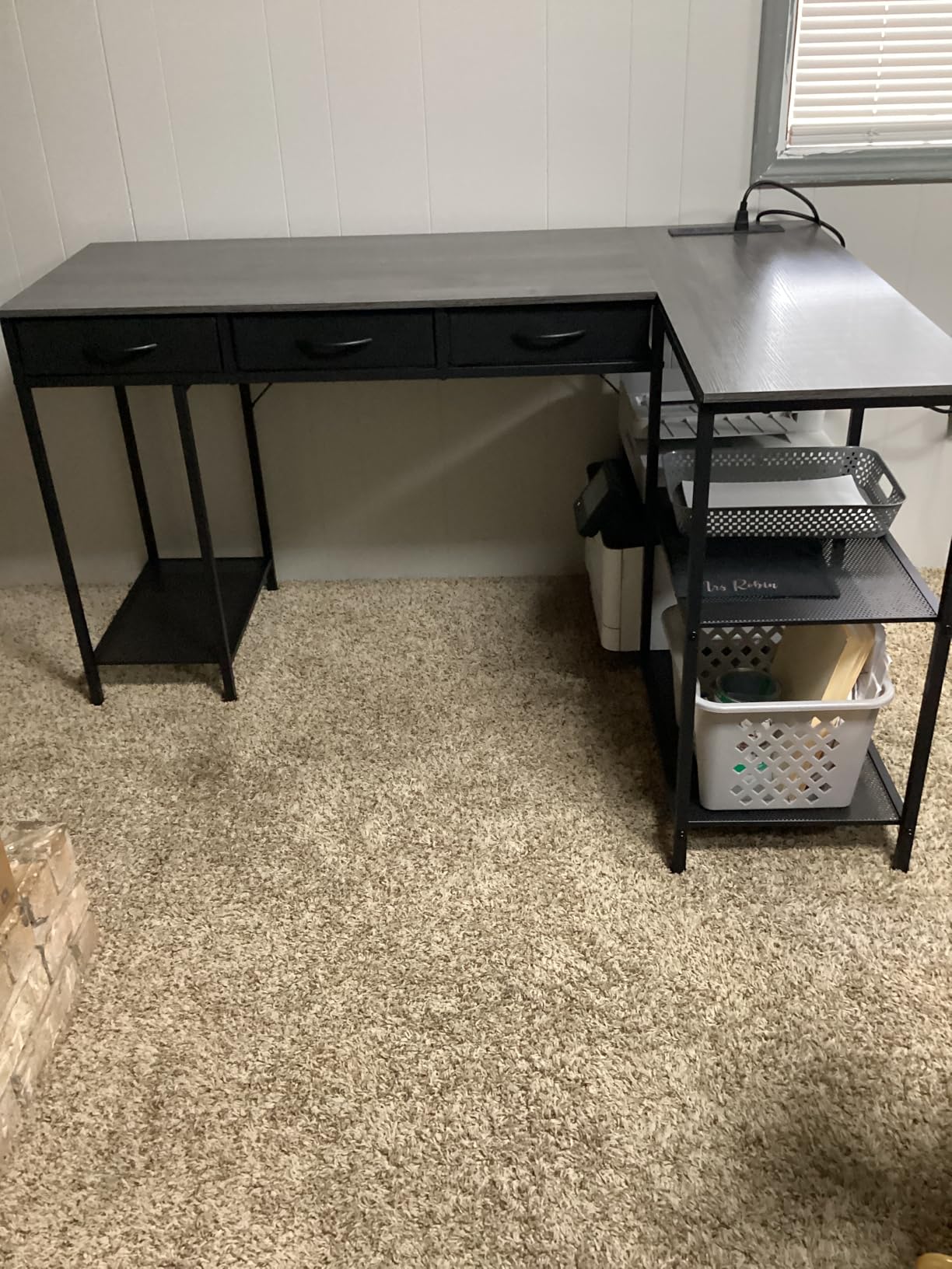 55 Inch L Shaped Office Desk with Power Outlets and Type-C Port, Large Computer Gaming Desk with 3 Fabric Drawers, Mesh Shelves, Corner Study Work Writing Desk, Rustic Brown customer photo 1