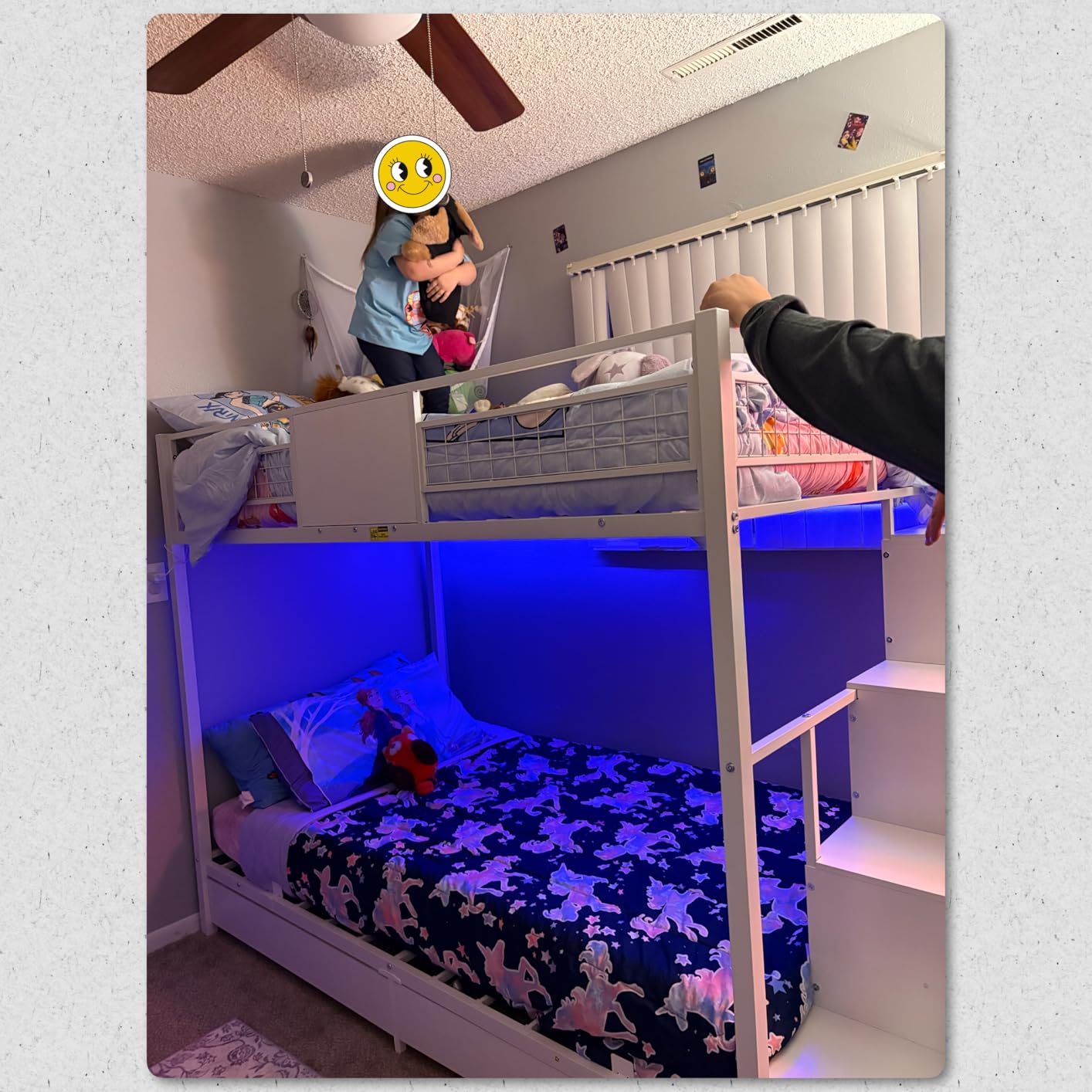 BTHFST Bunk Bed Twin Over Twin with Stairs, LED Lights Twin Bunk Bed with 2 Storage Drawers & 6 Fabric Drawers, Metal Twin Loft Beds with Guardrail & Stairs, Space Saving, Sturdy Frame for Teens customer photo 1