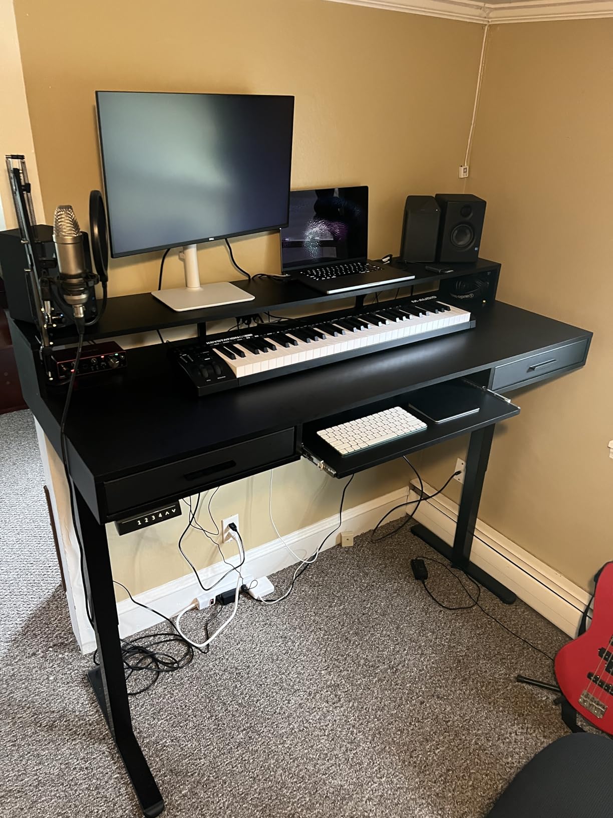 HUANUO 55 x 26 Electric Standing Desk with 2 Drawers & 24.4 Large Keyboard Tray, C-Clamp Mount Compatible, Adjustable Computer Desk for Office, Sit Stand Up Desk with 4 Height Presets, Light Walnut customer photo 1