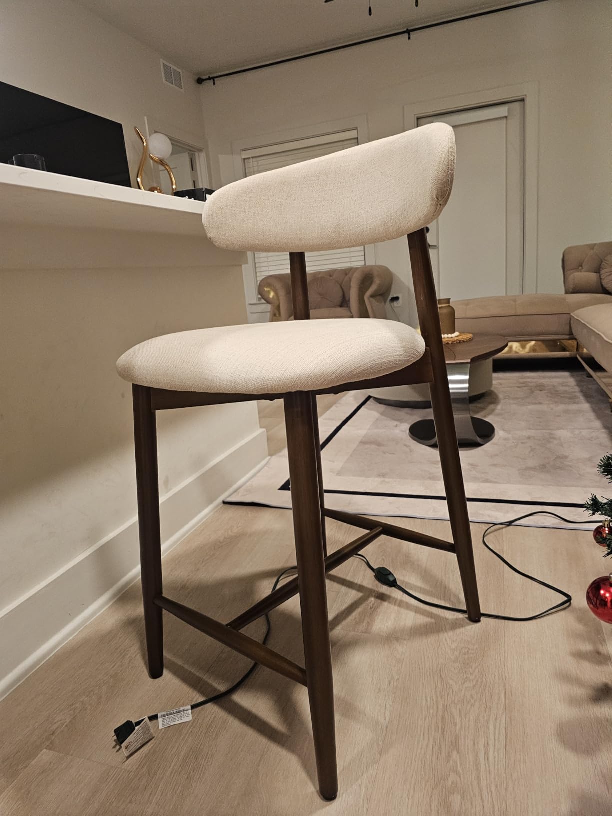 COLAMY Counter Height Bar Stools Set of 2, Kitchen Bar Stools with Back, Mid Century Modern Upholstered, with Wood Legs for Kitchen Island Dining Room, Beige customer photo 2