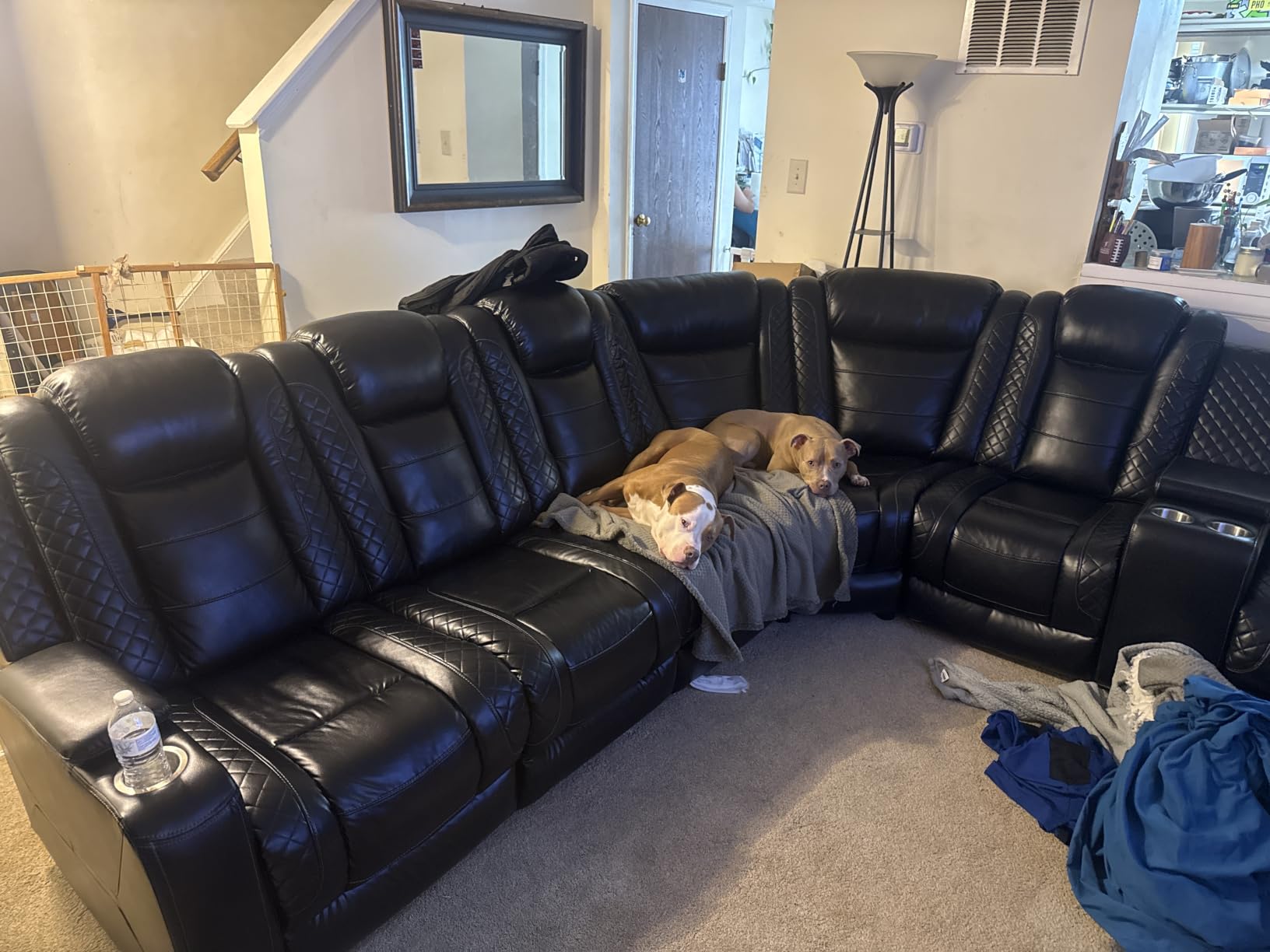 Power Reclining Sectional Sofa for Living Room, Modern L-Shaped Black Air Leather Sectional Couch Set, Recliner Sofa Set, with LED Lights, Cup Holder, Storage, Charging Ports, Home Theater Seat customer photo 1