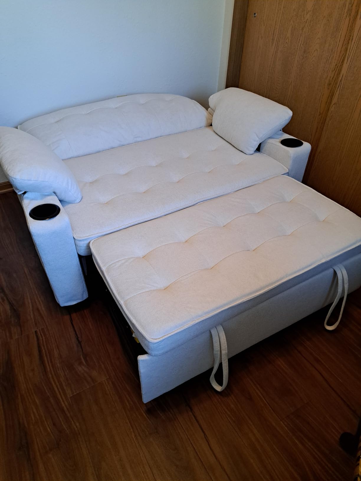 58'' Convertible Sofa Bed with USB Charger and Cup Holders, Teddy Fabric Loveseat Pull Out Couch with Adjustable Backrest and Side Pocket for Small Space, Grey customer photo 1