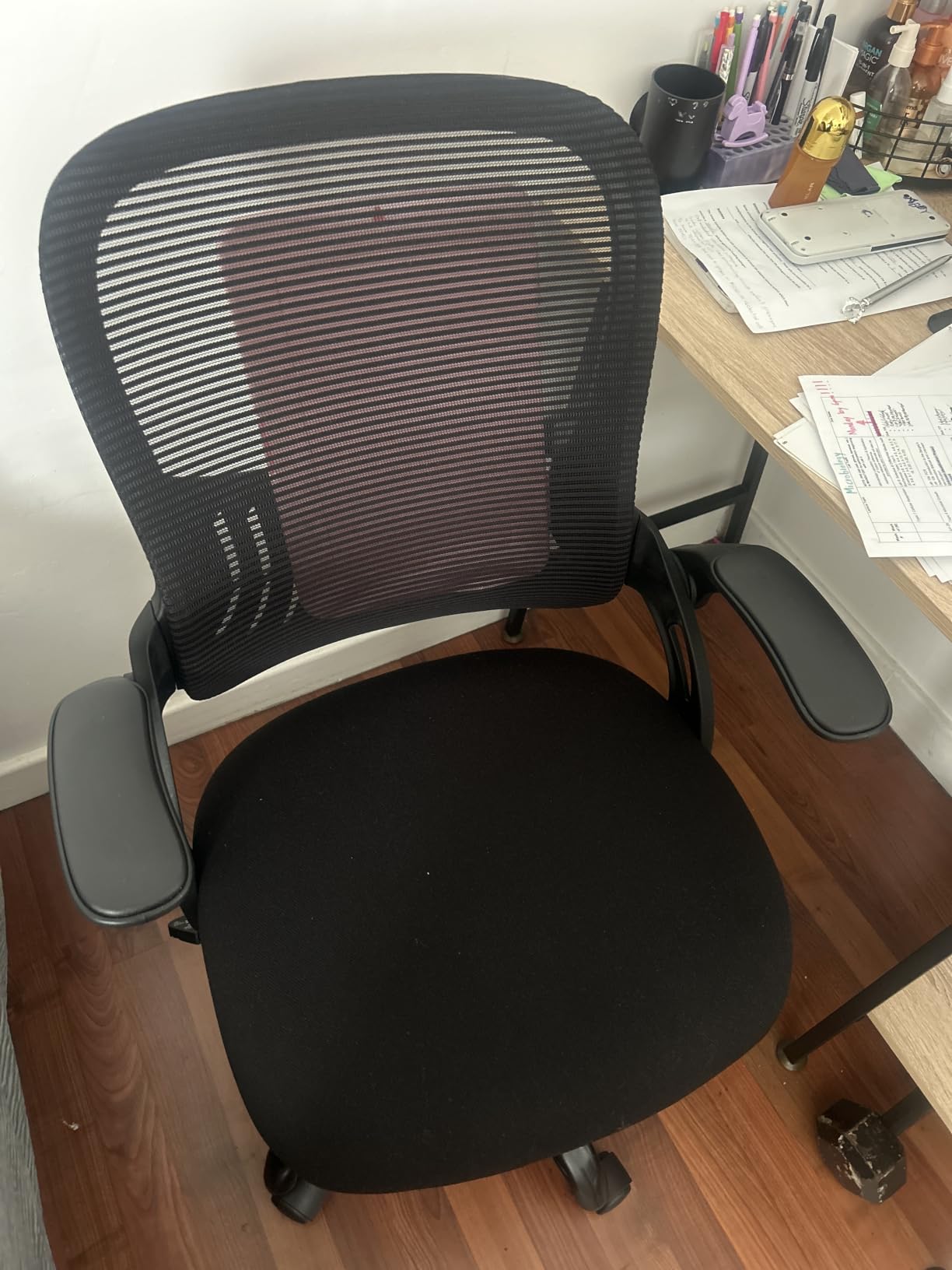 Sweetcrispy Office Computer Desk Chair, Ergonomic Mid-Back Mesh Rolling Work Swivel Task Chairs with Wheels, Comfortable Lumbar Support, Comfy Flip-up Arms for Home, Bedroom, Study, Student, Black customer photo 2