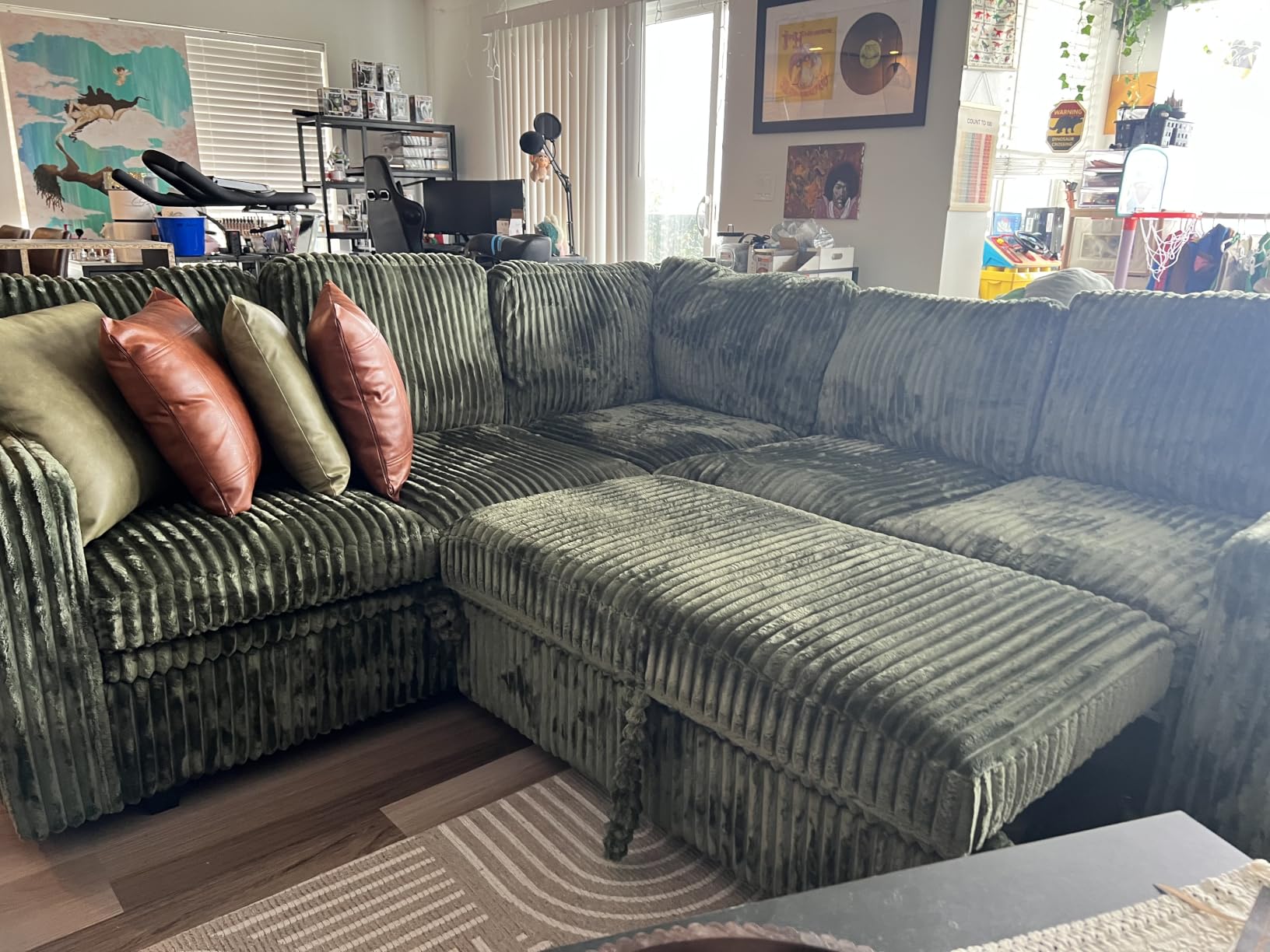 HONBAY Modular Sectional Sofa with Pull Out Bed, Corduroy L Shaped Sleeper Sofa with Storage, Sectional Couches for Living Room, Green customer photo 1