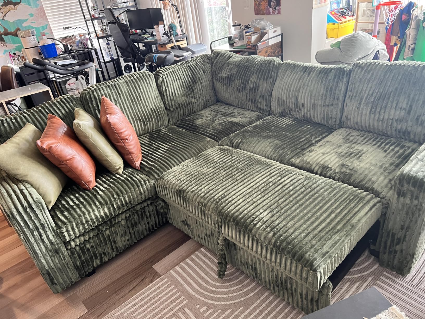 HONBAY Modular Sectional Sofa with Pull Out Bed, Corduroy L Shaped Sleeper Sofa with Storage, Sectional Couches for Living Room, Green customer photo 2