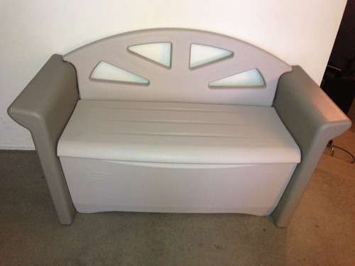 Rubbermaid Resin Outdoor Storage Bench (32 Gal), Weather Resistant, Brown/Grey, Deck Organization for Home/Backyard/Pool Chemicals/Toys/Garden Tools/Porch/Patio Cushions customer photo 1
