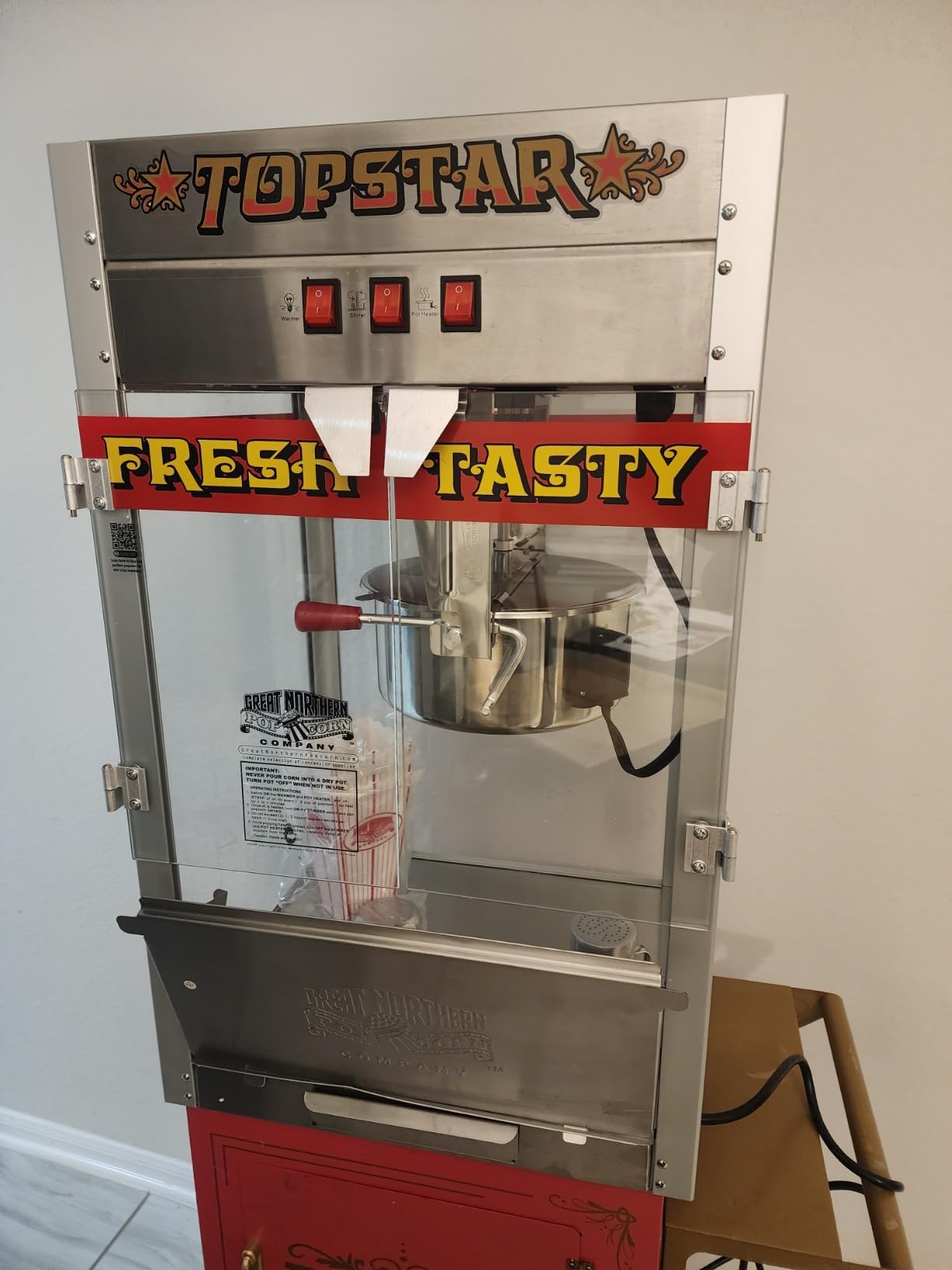 Top Star Popcorn Machine - 12oz Stainless-Steel Kettle, Reject Kernel Tray, Warming Light, and Accessories by Great Northern Popcorn (Red and Yellow) customer photo 1