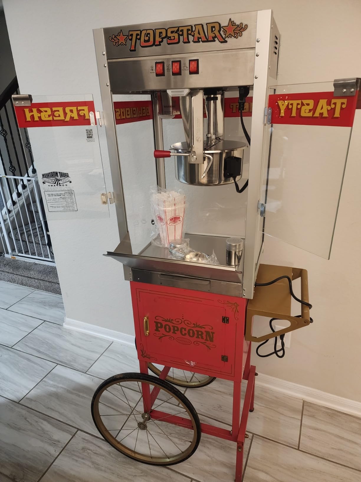 Top Star Popcorn Machine - 12oz Stainless-Steel Kettle, Reject Kernel Tray, Warming Light, and Accessories by Great Northern Popcorn (Red and Yellow) customer photo 2