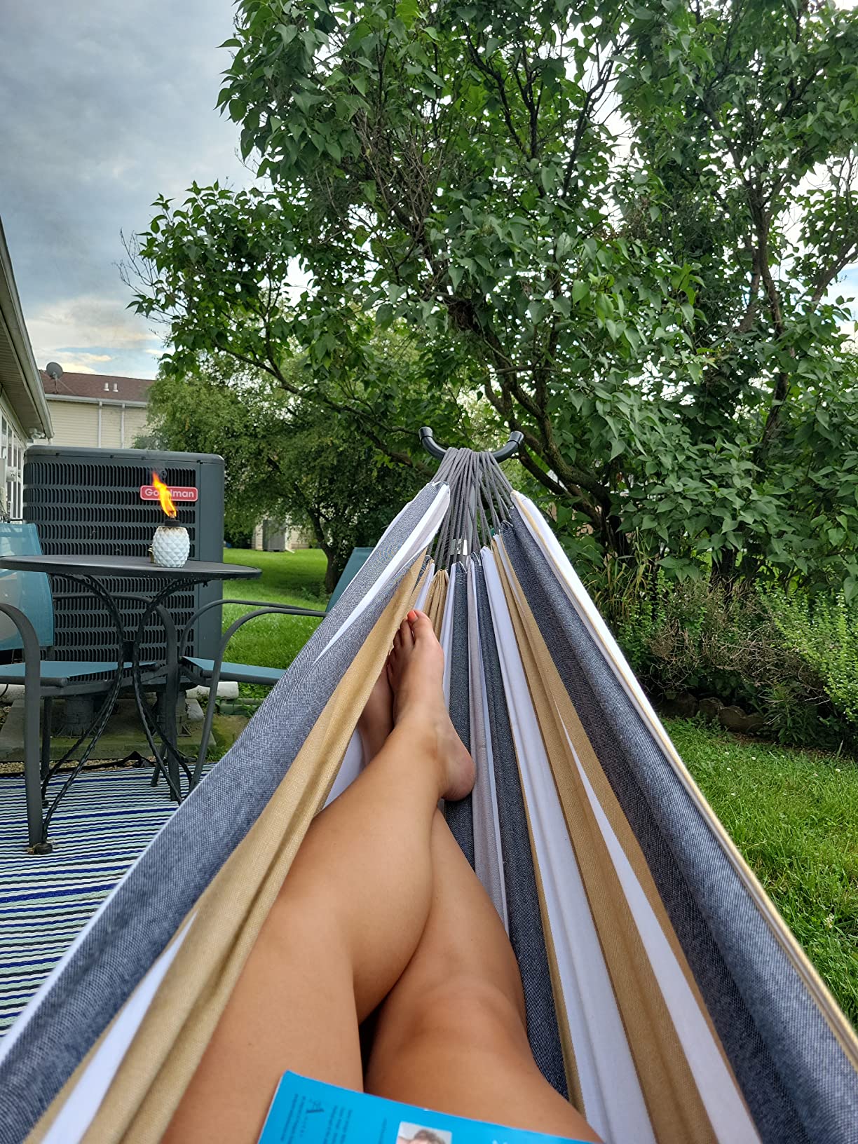 Vivere Double Cotton Hammock with Space Saving Steel Stand, Upgraded Polyester End Strings 450 lb Capacity - Premium Carry Bag Included (Desert Moon) customer photo 1