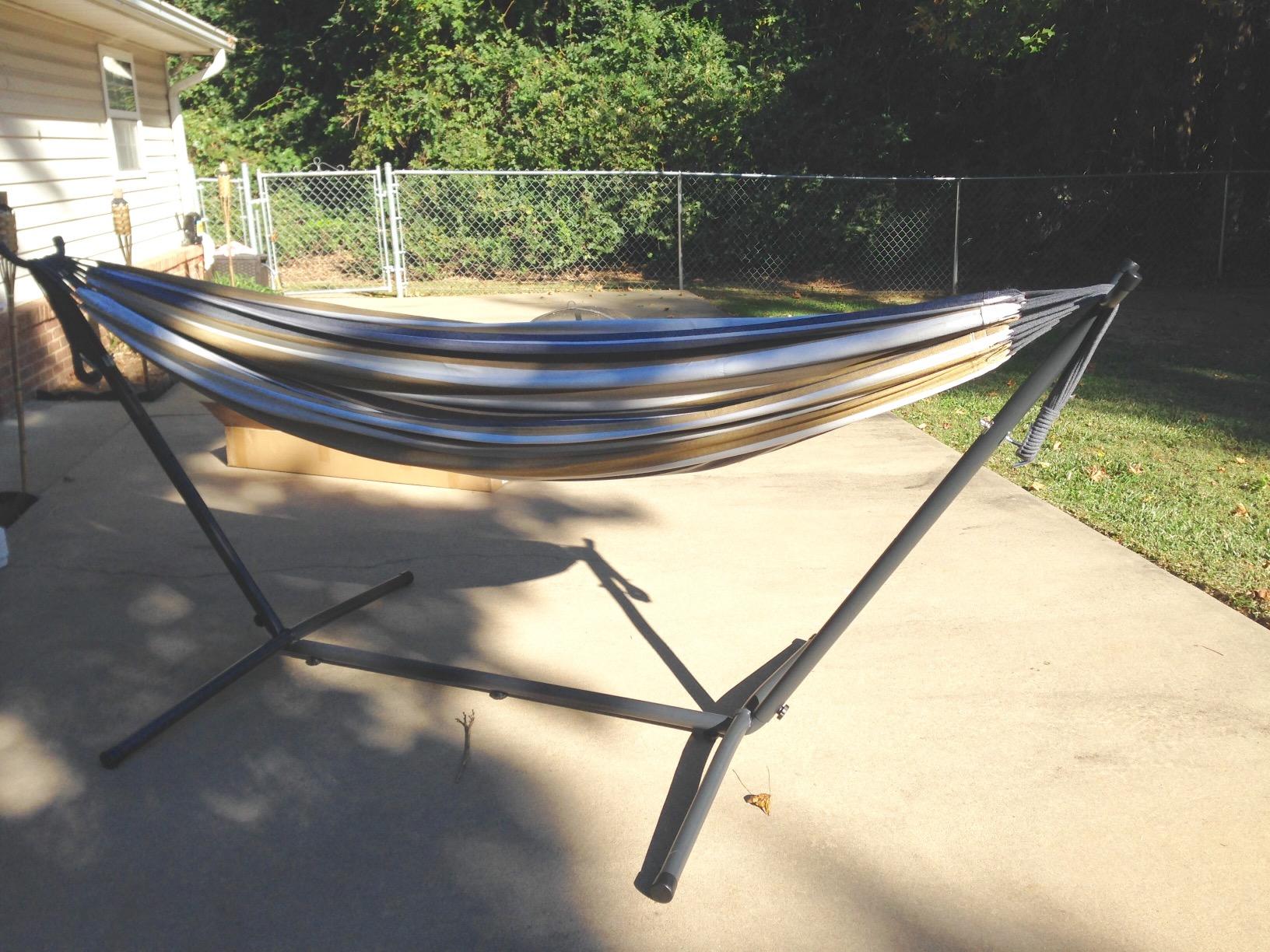 Vivere Double Cotton Hammock with Space Saving Steel Stand, Upgraded Polyester End Strings 450 lb Capacity - Premium Carry Bag Included (Desert Moon) customer photo 2