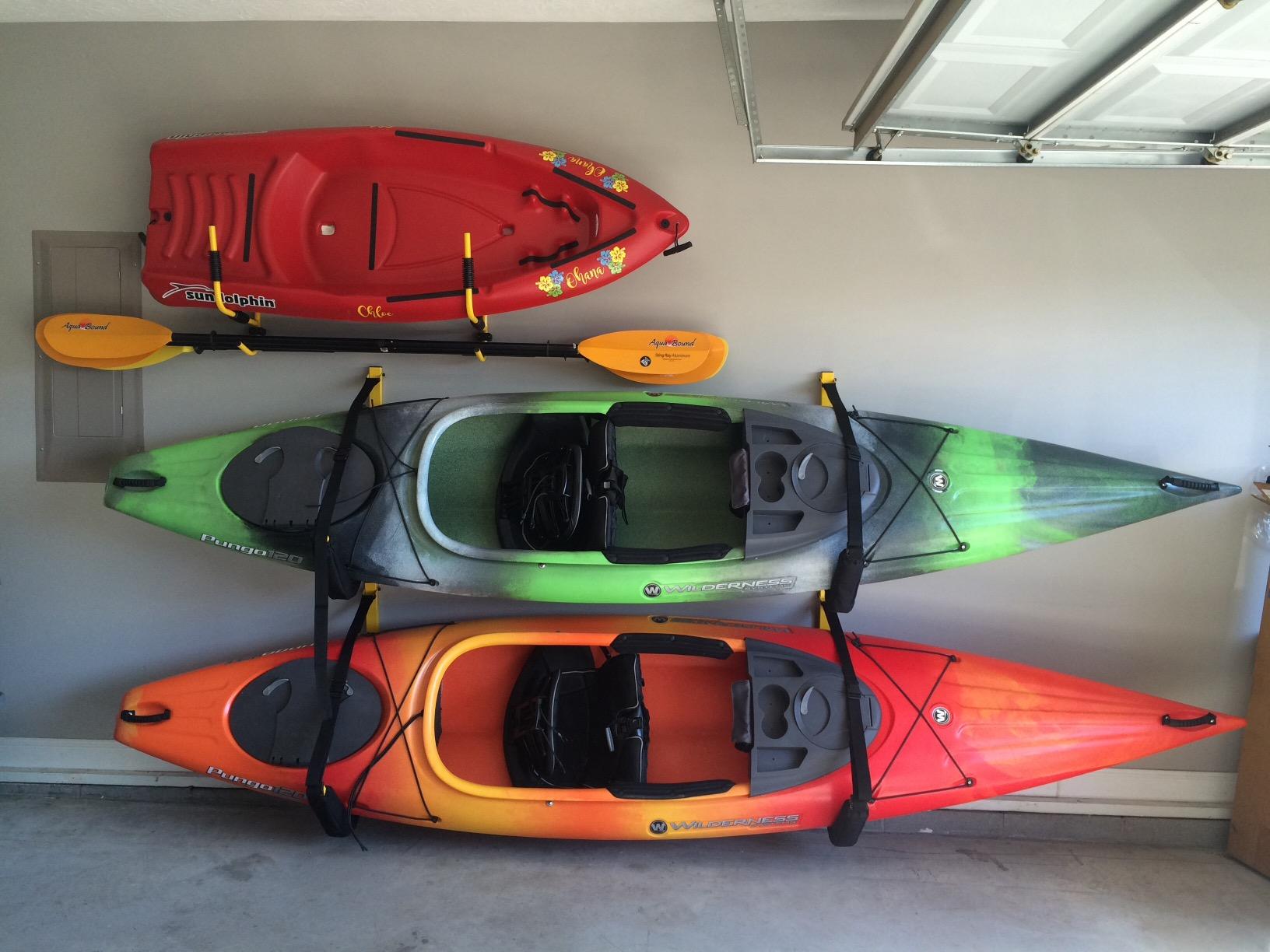 Suspenz Kayak Storage Rack, Big EZ Padded Wall Hangers/Hooks for Kayaks and Canoes, Indoor & Outdoor Wall Mounts, Powder-Coated Steel with Foam Pads & Safety Straps, Holds up to 150 lbs customer photo 2