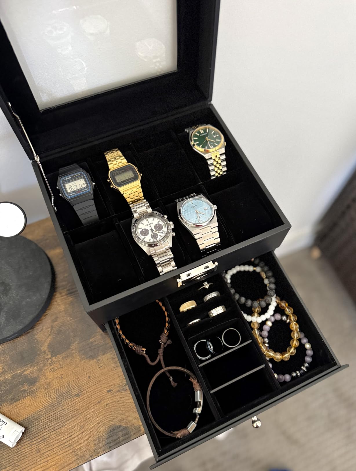 SONGMICS Watch Box, 12-Slot Watch Case Organizer with Large Glass Lid, 2 Layers, Removable Pillows, Metal Lock, Gift for Loved Ones, Black Synthetic Leather, Gray Lining UJWB012 customer photo 2