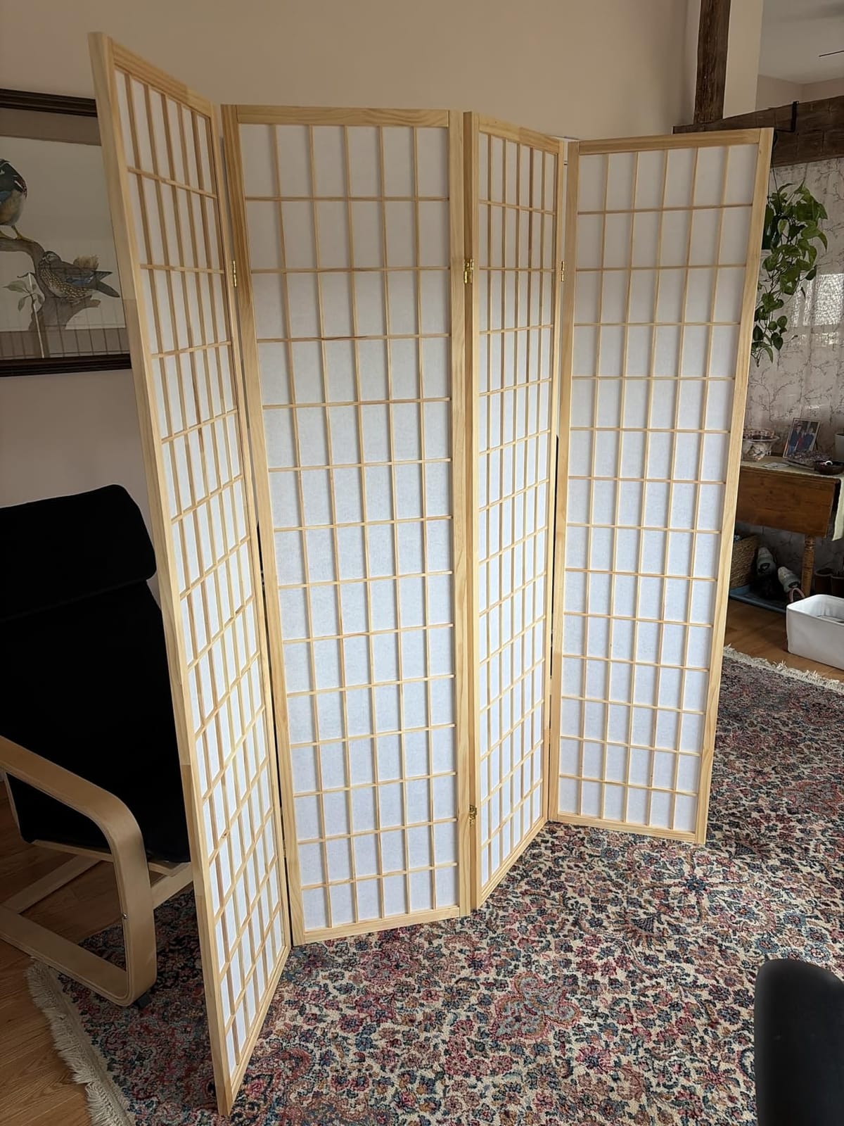 Roundhill Furniture Oriental Shoji 4 Panel Screen Room Divider, Natural customer photo 1