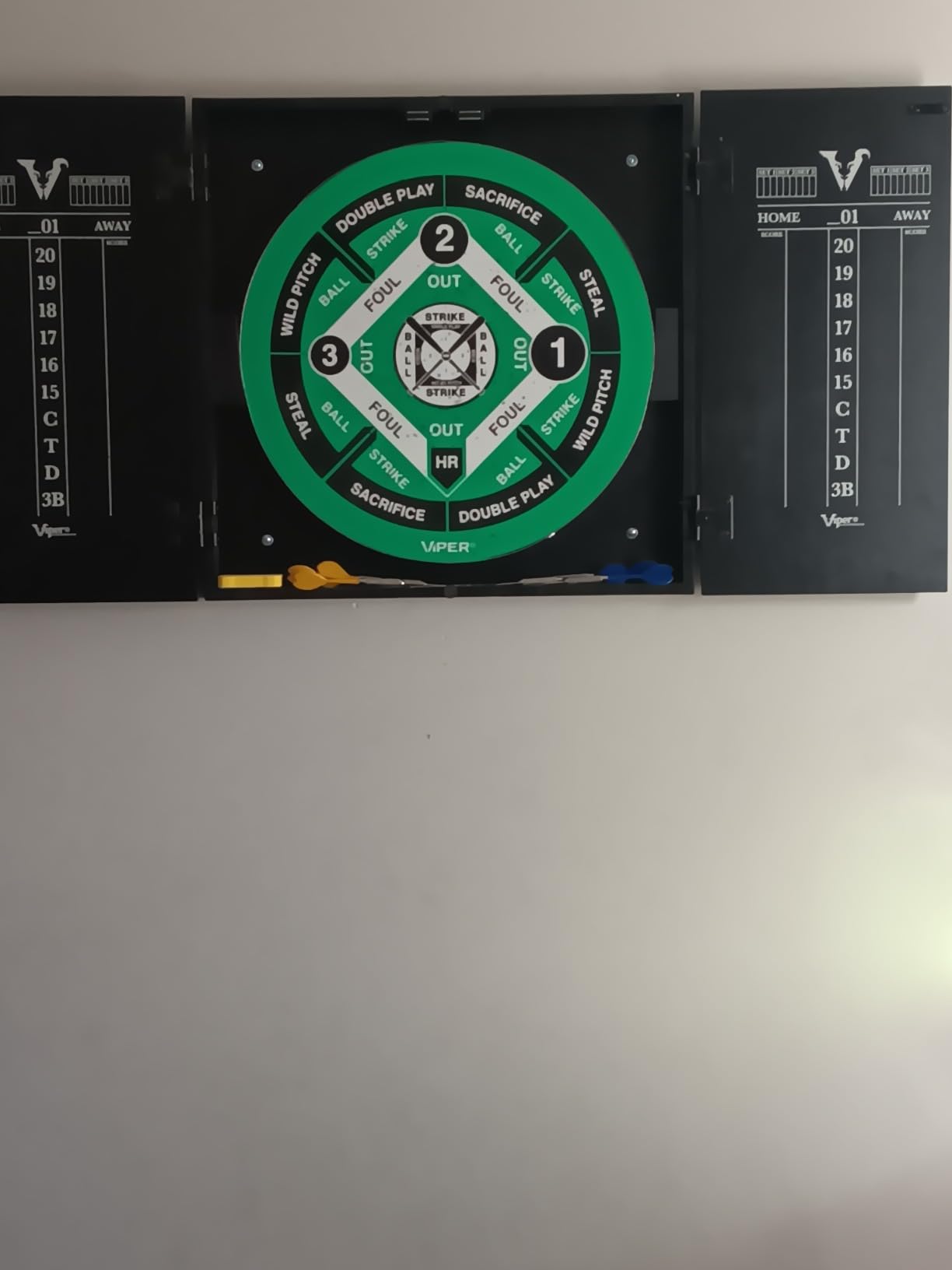 Viper Hideaway Dartboard Cabinet Set with Steel-Tip Dart Board, Reversible Board with Baseball Game Option, Two Sets of Darts, Chalk Scoreboards, and Matte Black Finish customer photo 1