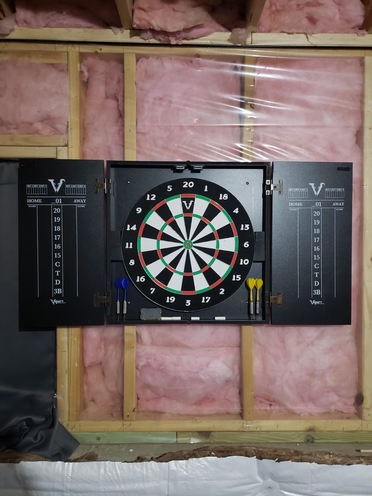 Viper Hideaway Dartboard Cabinet Set with Steel-Tip Dart Board, Reversible Board with Baseball Game Option, Two Sets of Darts, Chalk Scoreboards, and Matte Black Finish customer photo 2