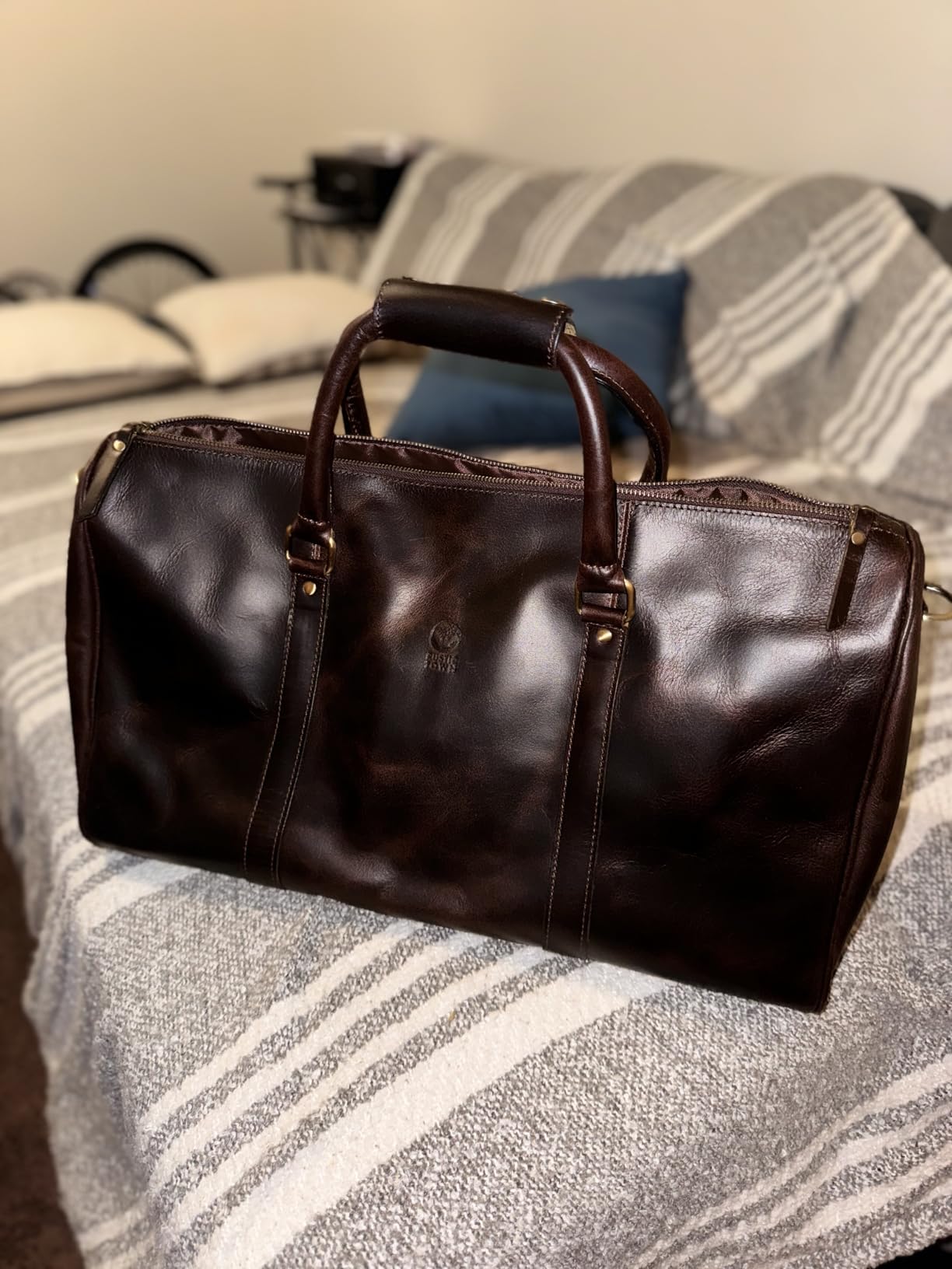Men's Leather Travel Bag - Weekender Sports Travel Shoulder Bags Aeroplane Hand Luggage Men Duffle Bag (Large), Mulberry, L customer photo 2