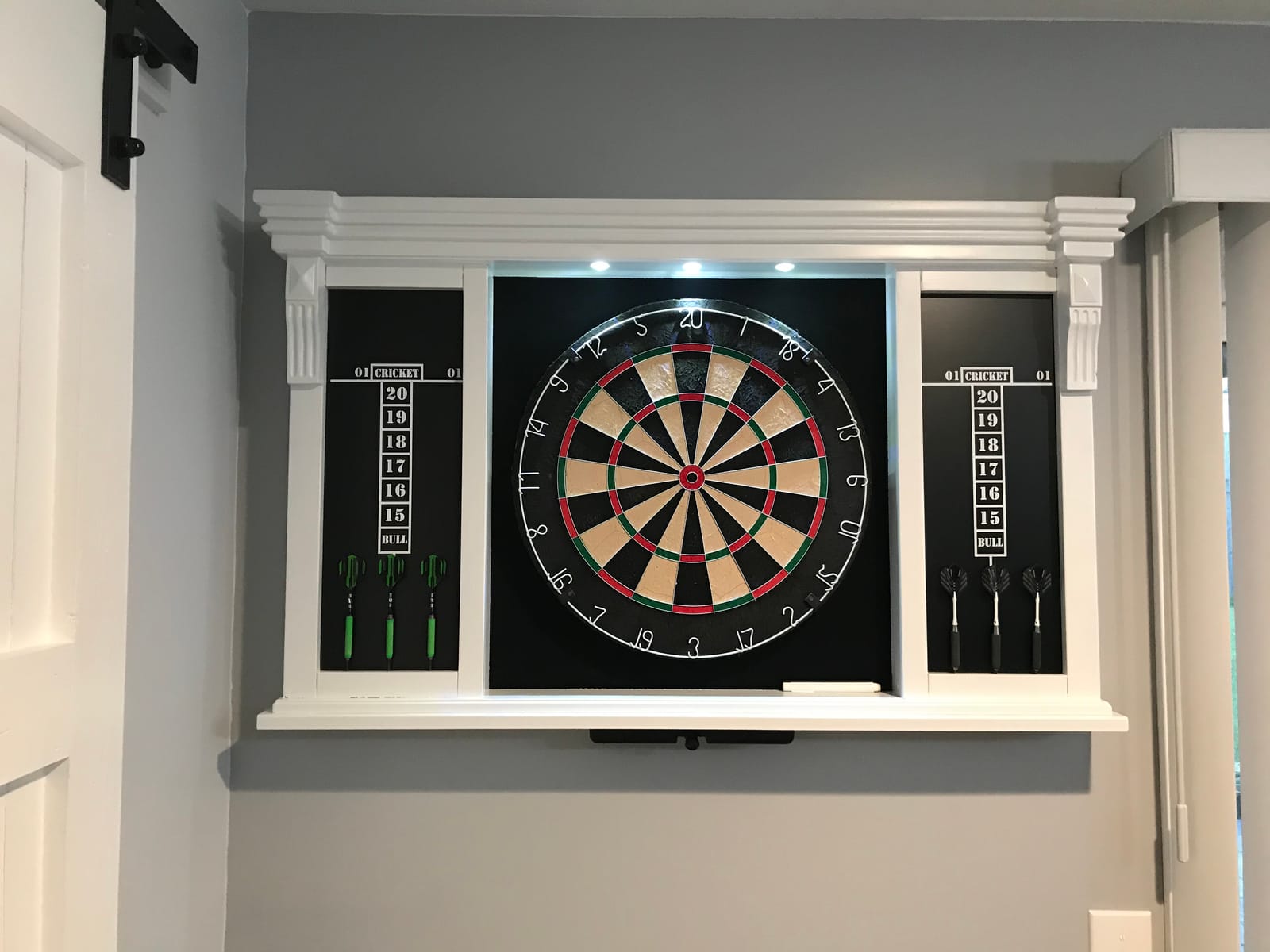 Barrington Pub Style Dartboard, Pre-Assembled with LED Lights, Woodhaven | Pre-Assembled LED Pub-Style Dartboard Cabinet With 18